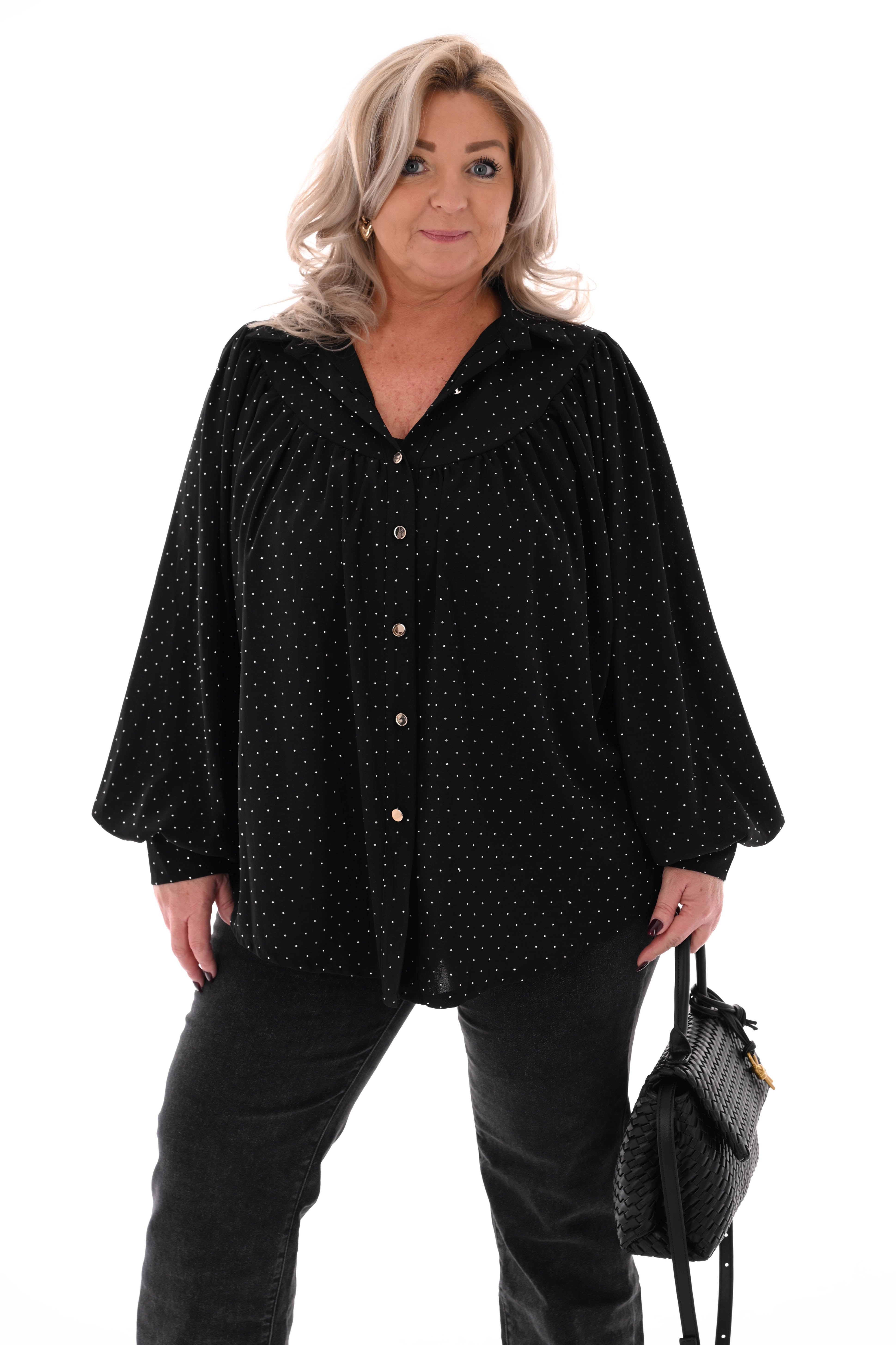 Blouse met strass plooienhals zwart