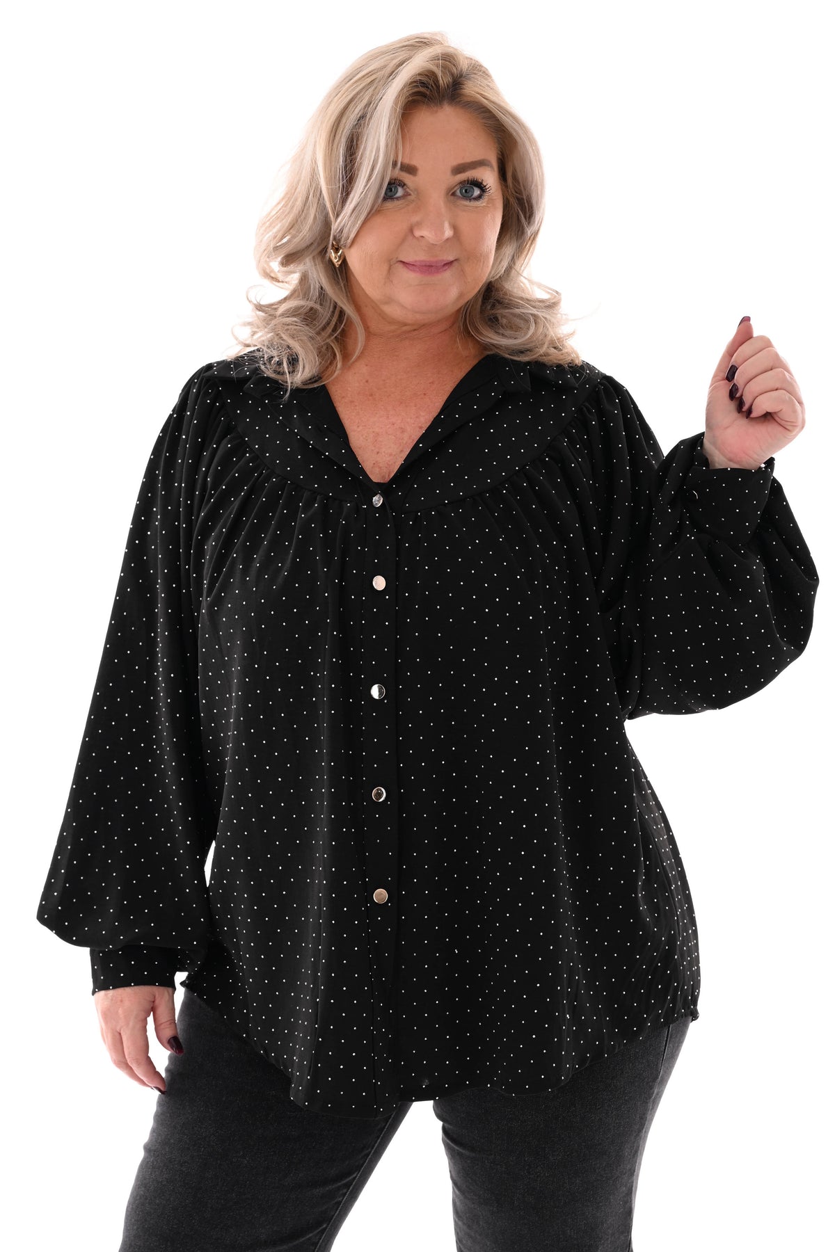 Blouse met strass plooienhals zwart