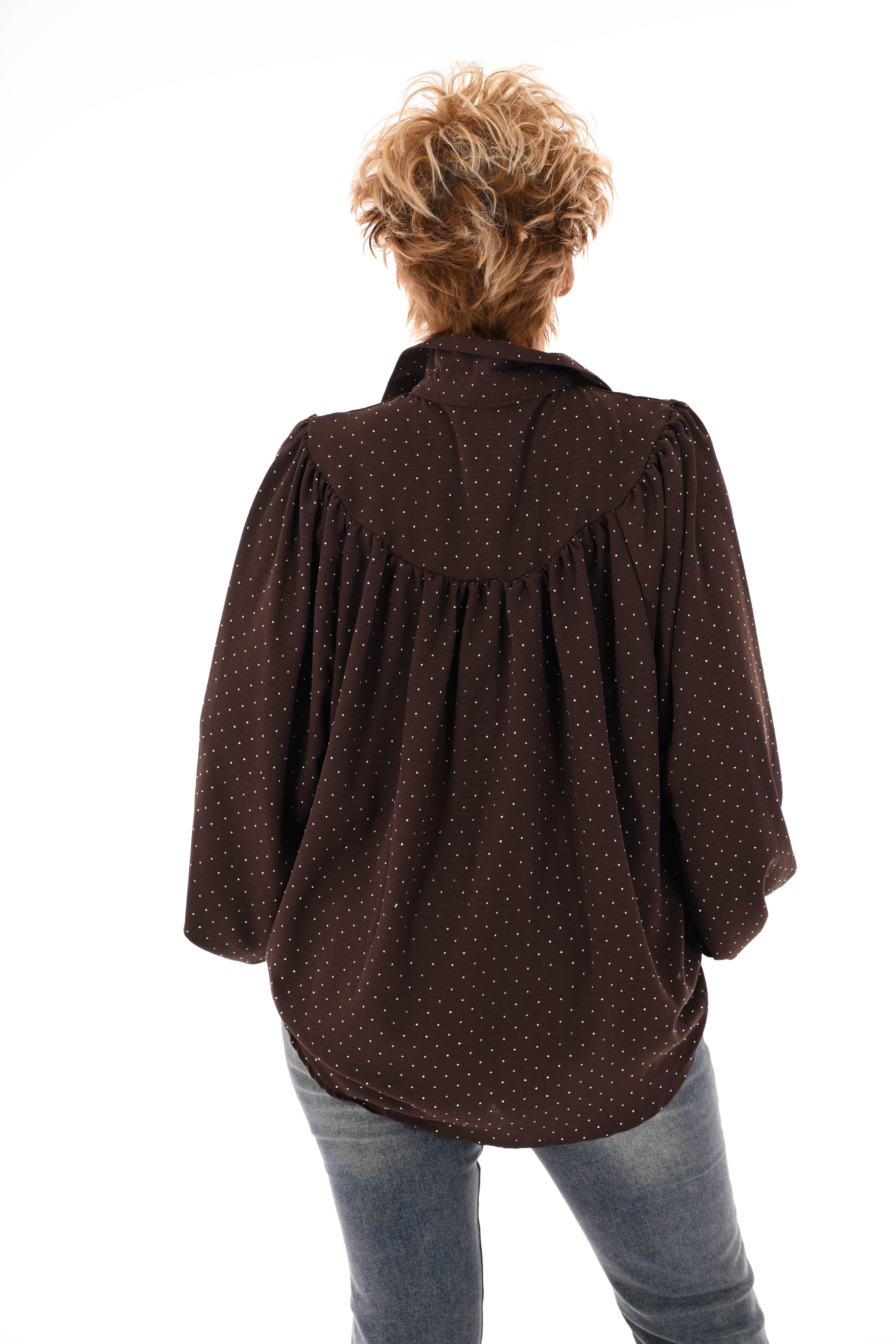 Blouse met strass plooienhals bruin