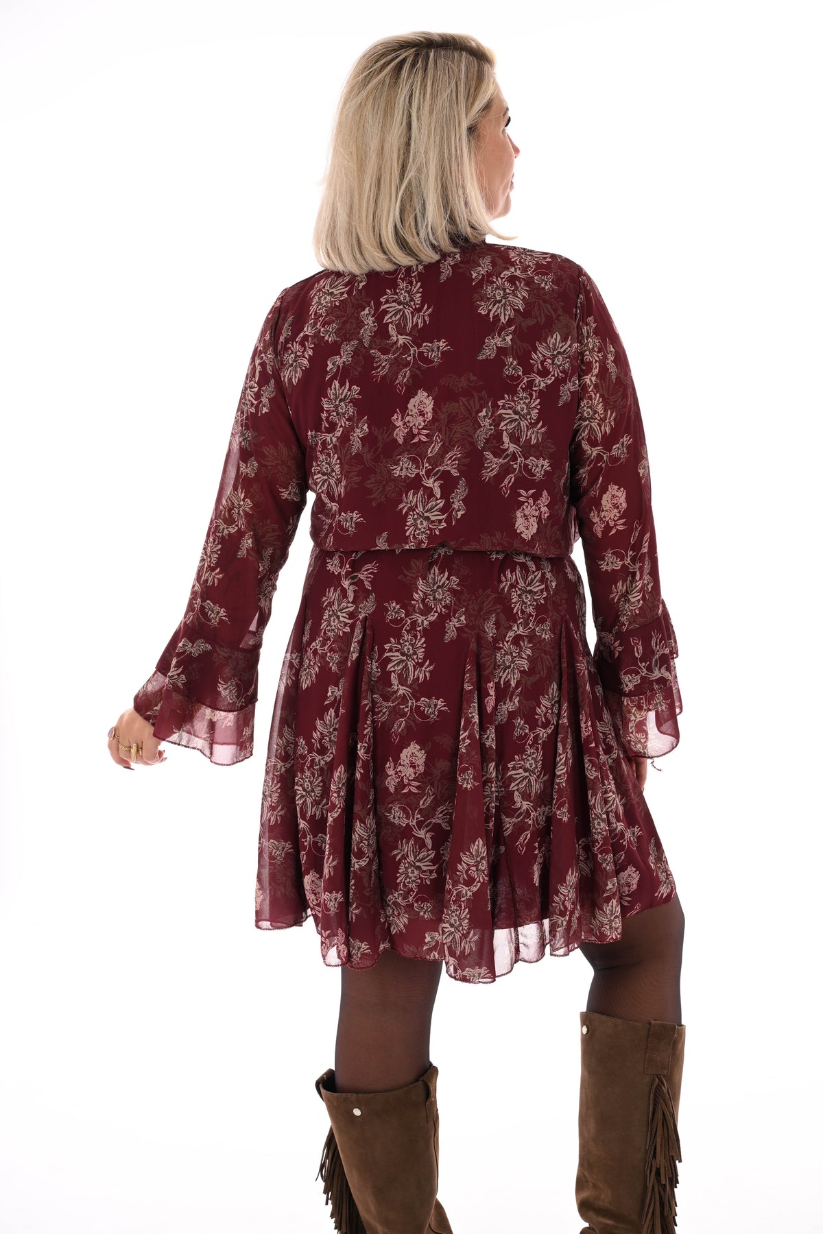 Korte jurk met trompetmouwen bloemenprint bordeaux/beige