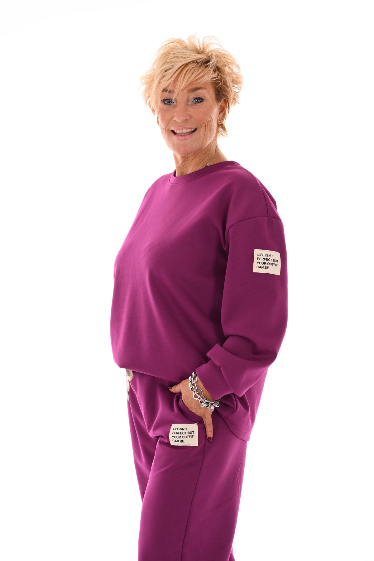 Tweedelig pak wijde broek applicatie cyclaam