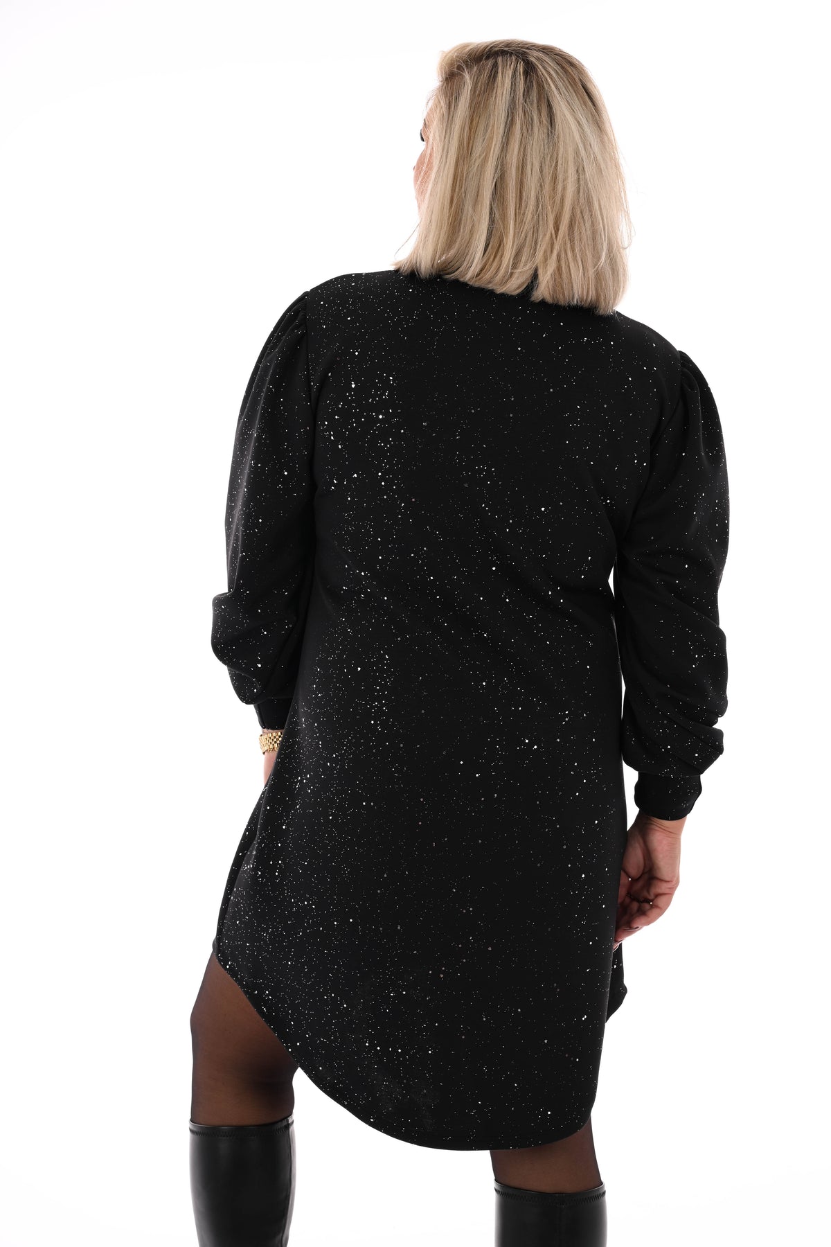 Jurk v-hals en pofmouwen glitter zwart