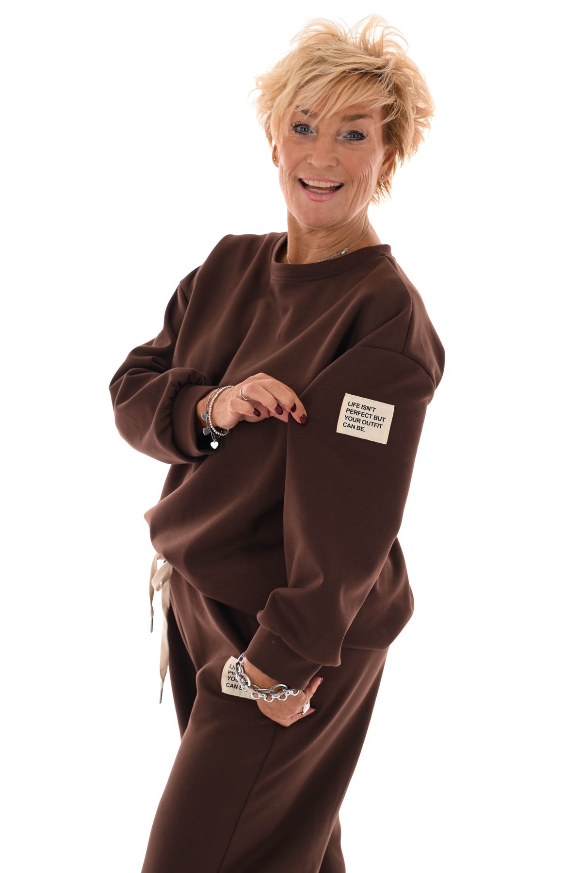 Tweedelig pak wijde broek applicatie bruin