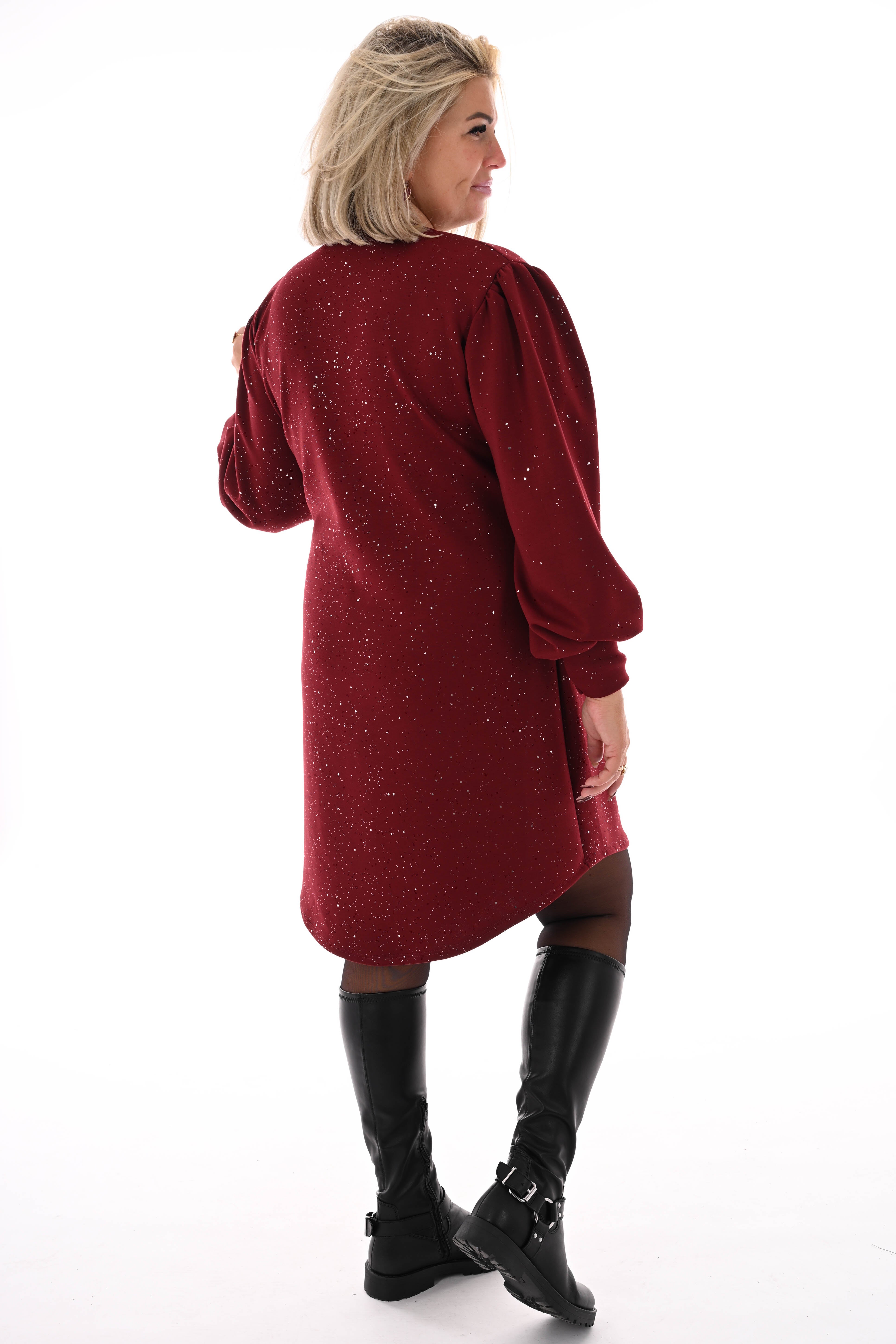 Jurk v-hals en pofmouwen glitter bordeaux