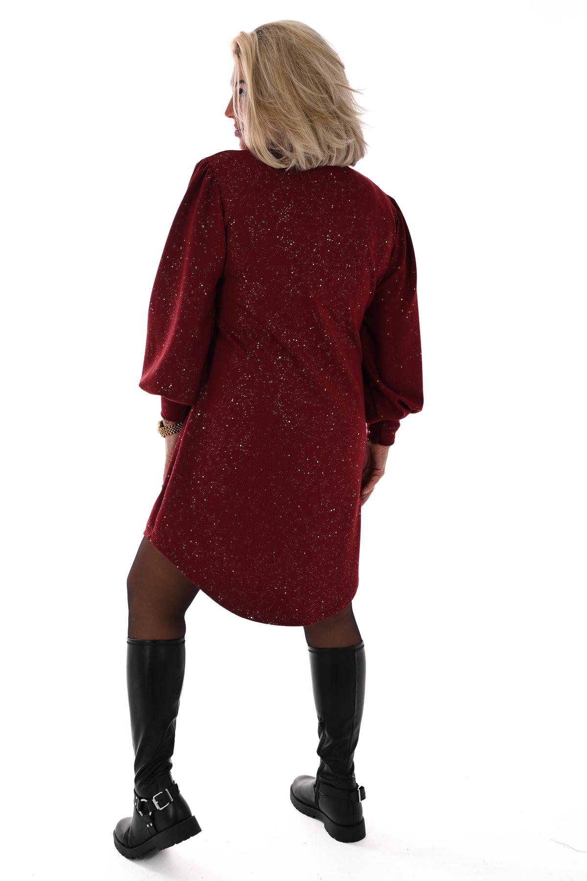 Jurk v-hals en pofmouwen glitter bordeaux