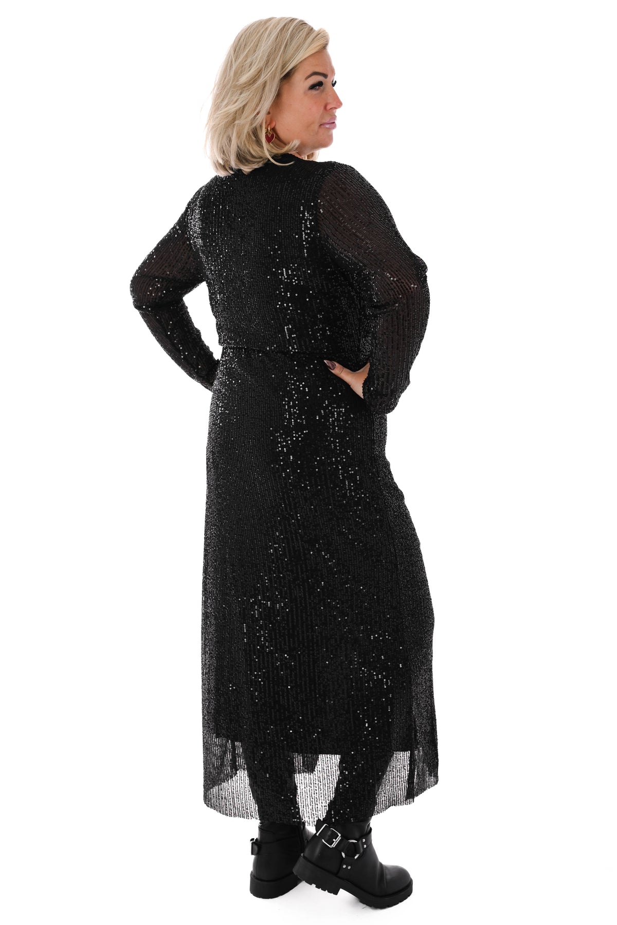 Lange pailletten jurk v-hals zwart