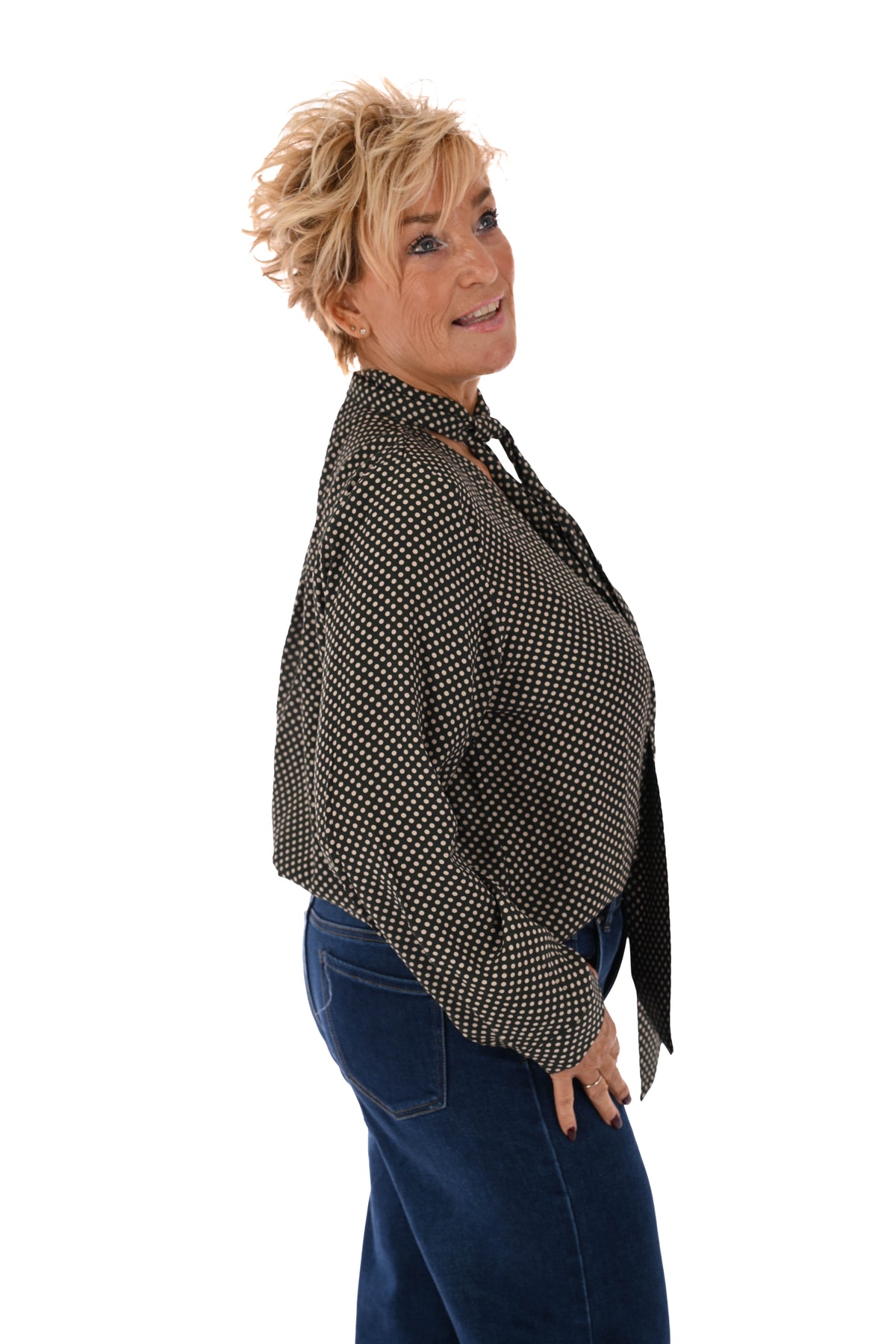 Doorknoop blouse kleine dots met strik legergroen