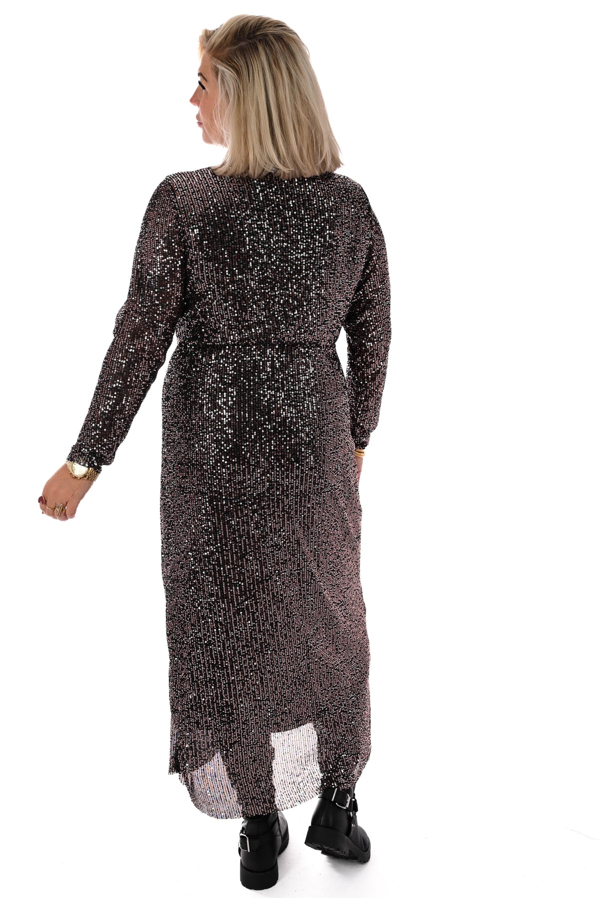Lange pailletten jurk v-hals zwart/bruin