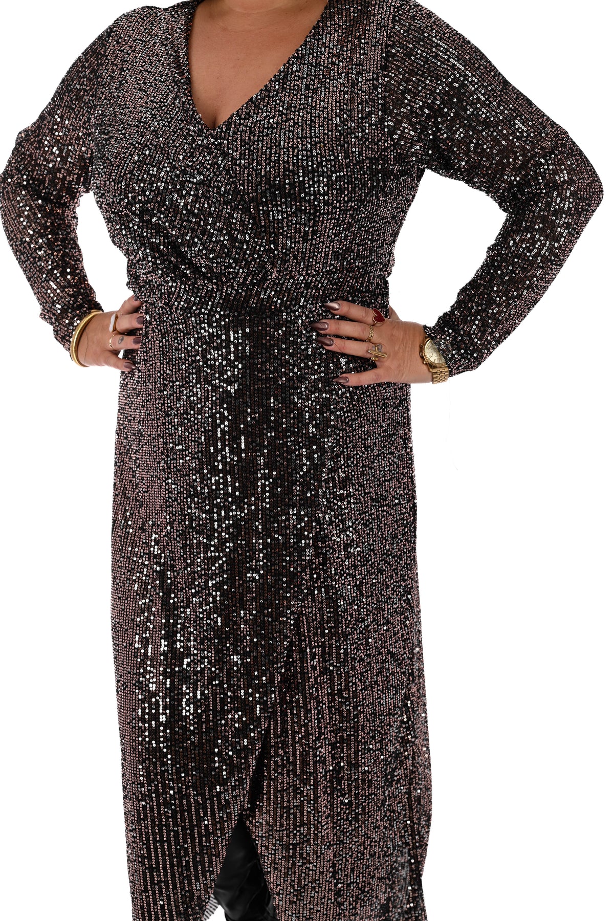 Lange pailletten jurk v-hals zwart/bruin