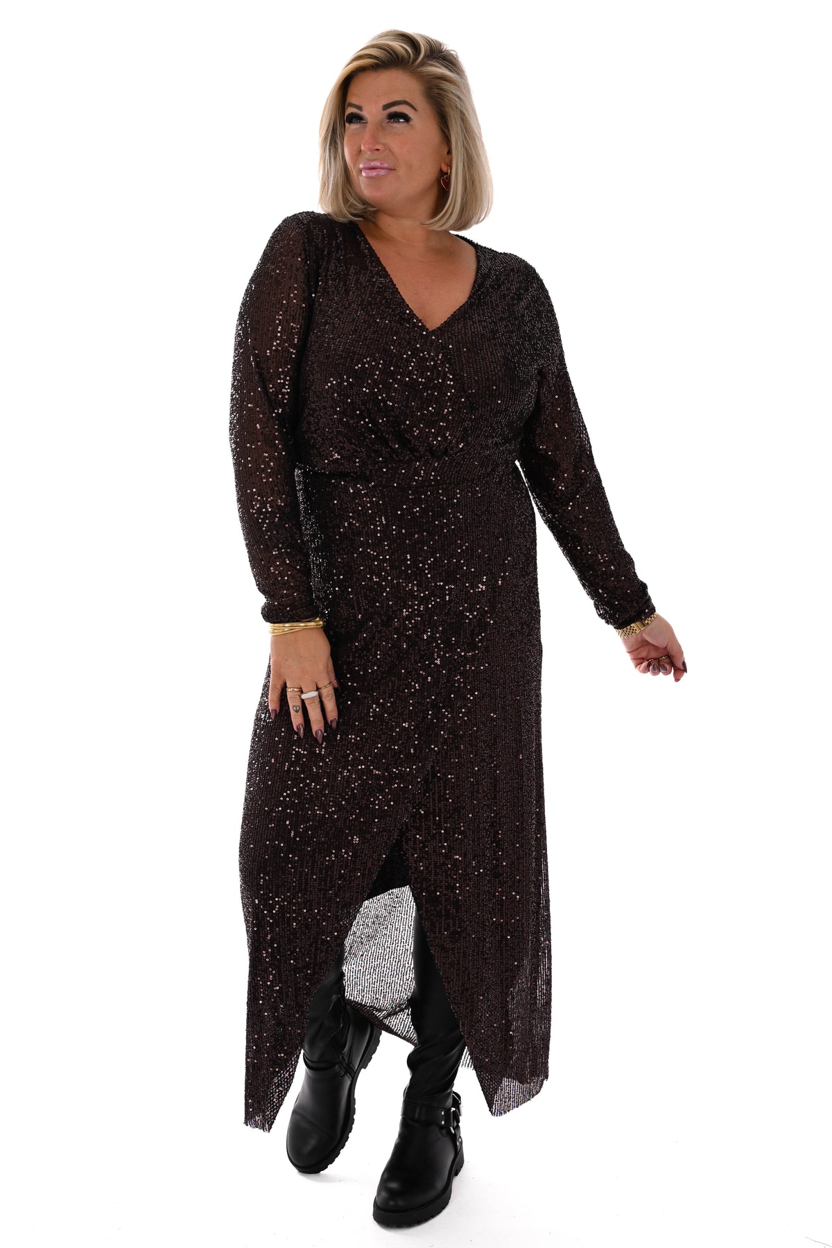 Lange pailletten jurk v-hals bruin