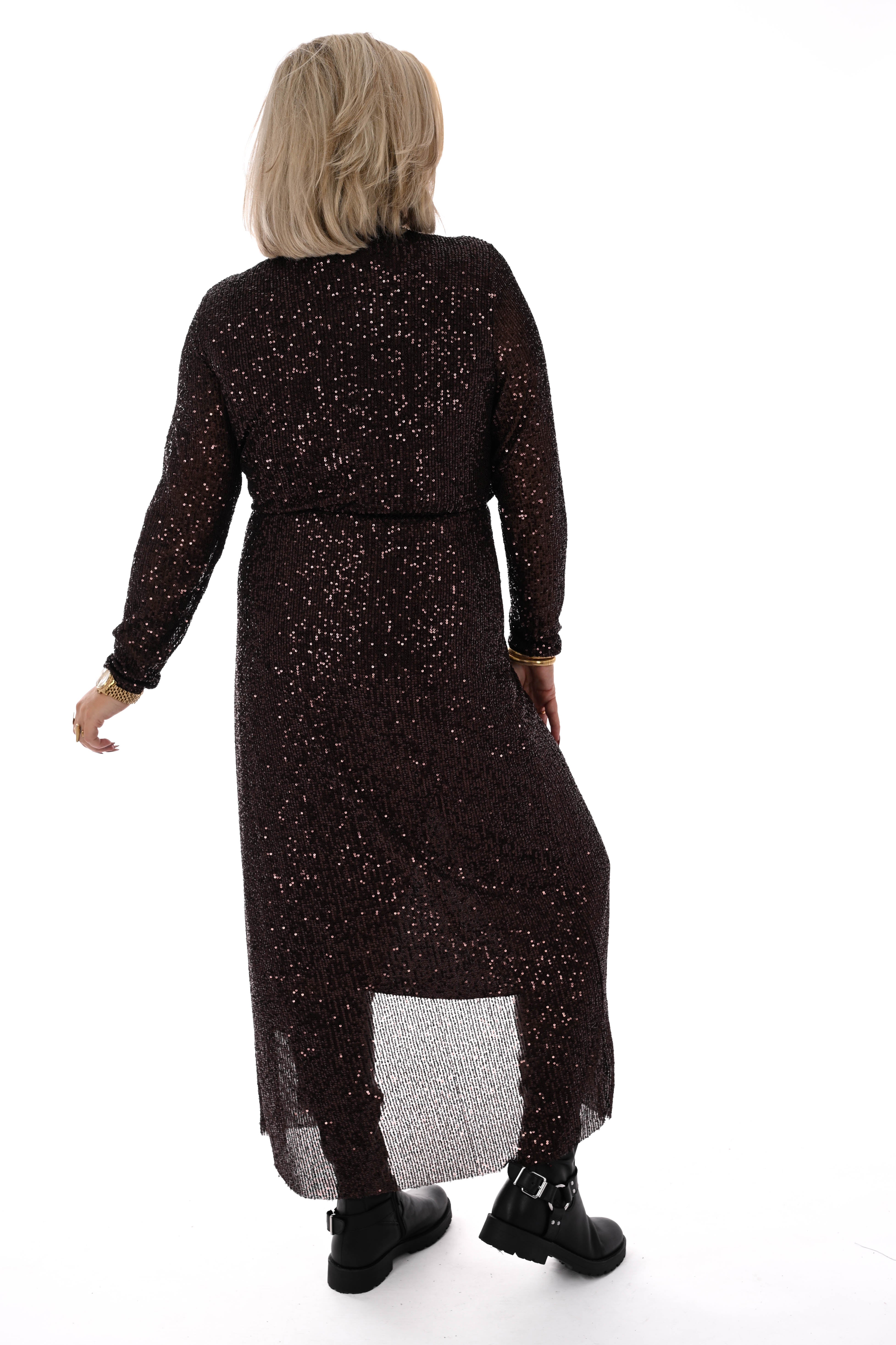 Lange pailletten jurk v-hals bruin