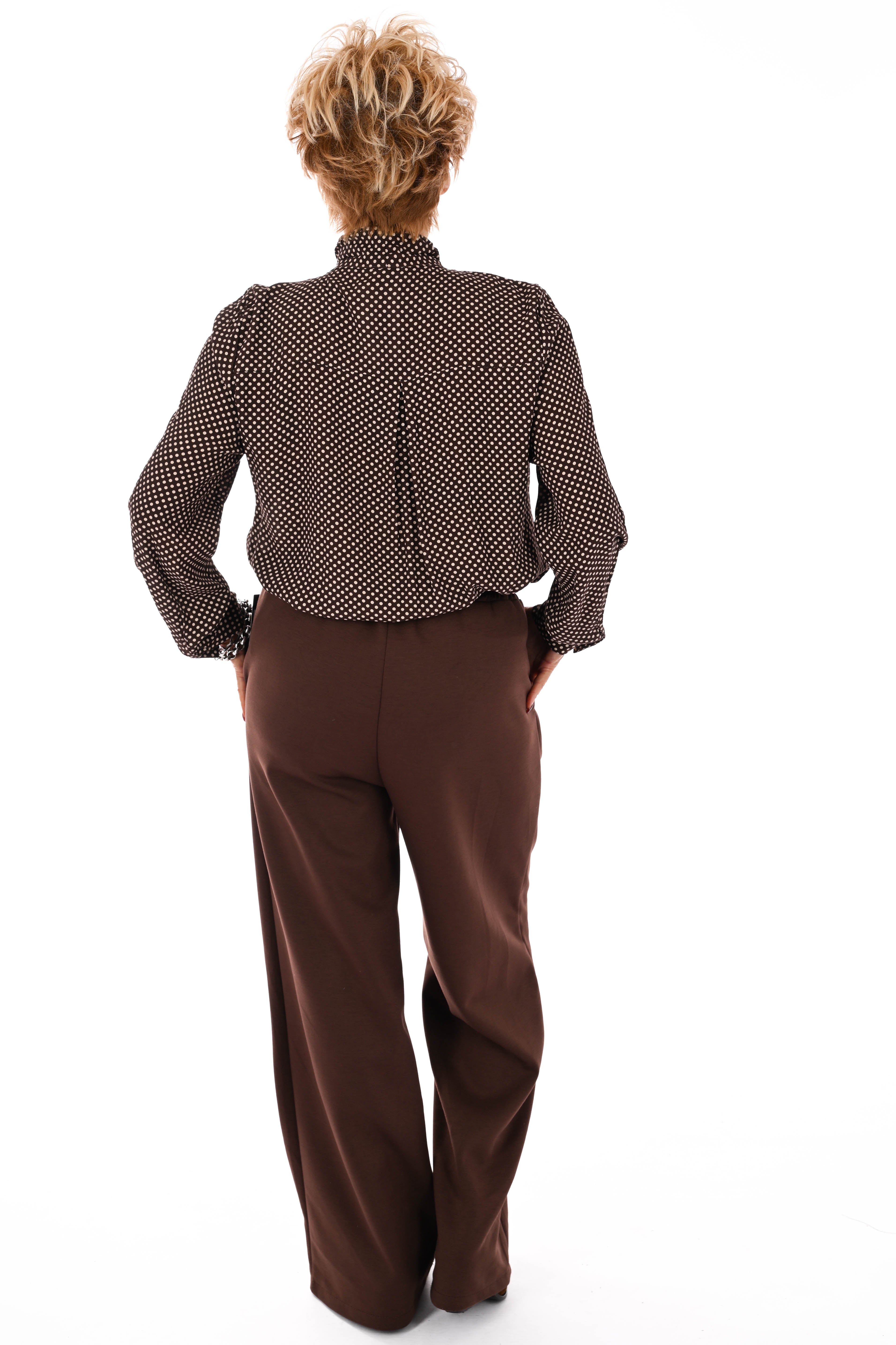 Doorknoop blouse kleine dots met strik bruin