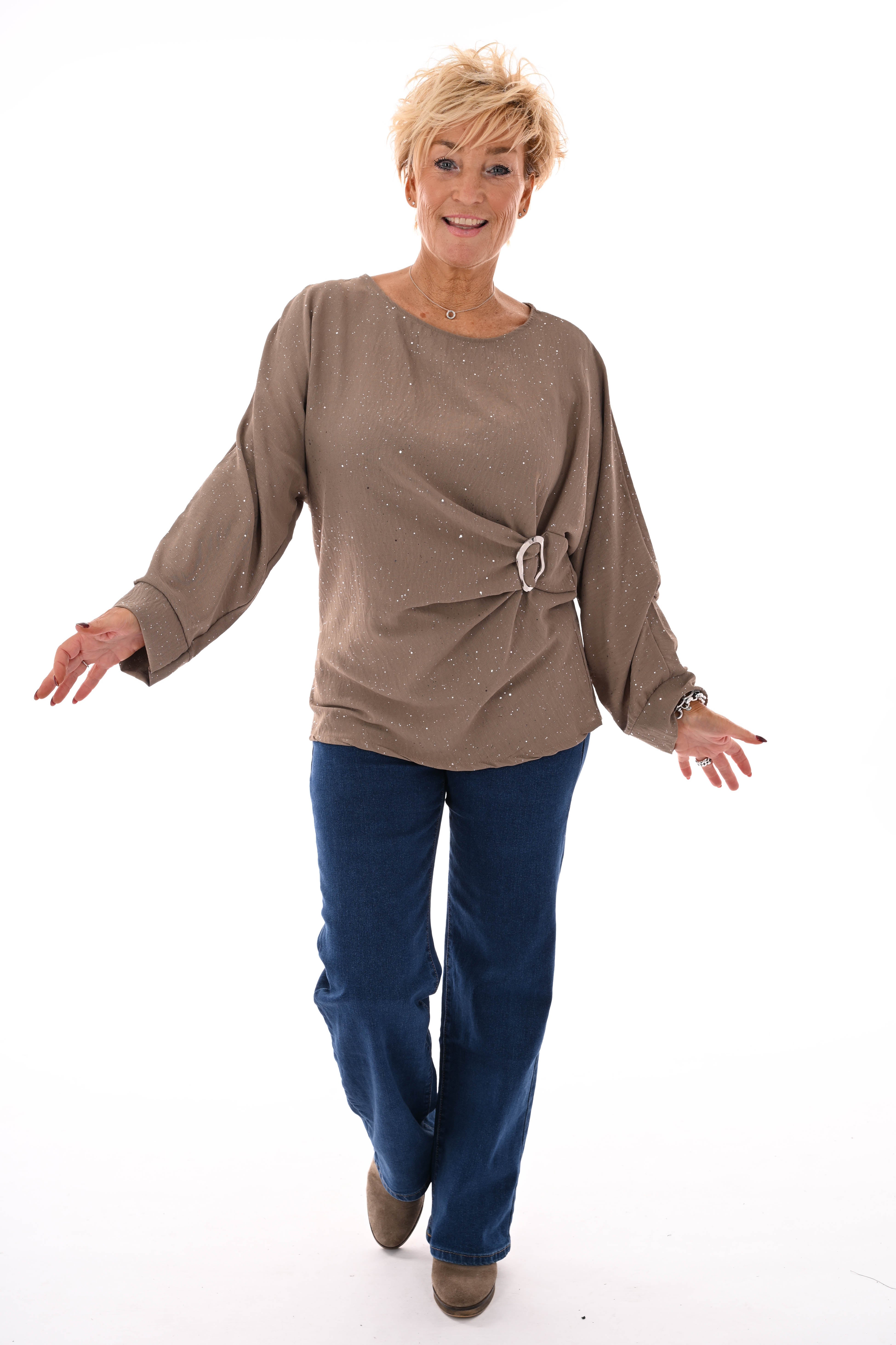 Glitter top met gesp beige