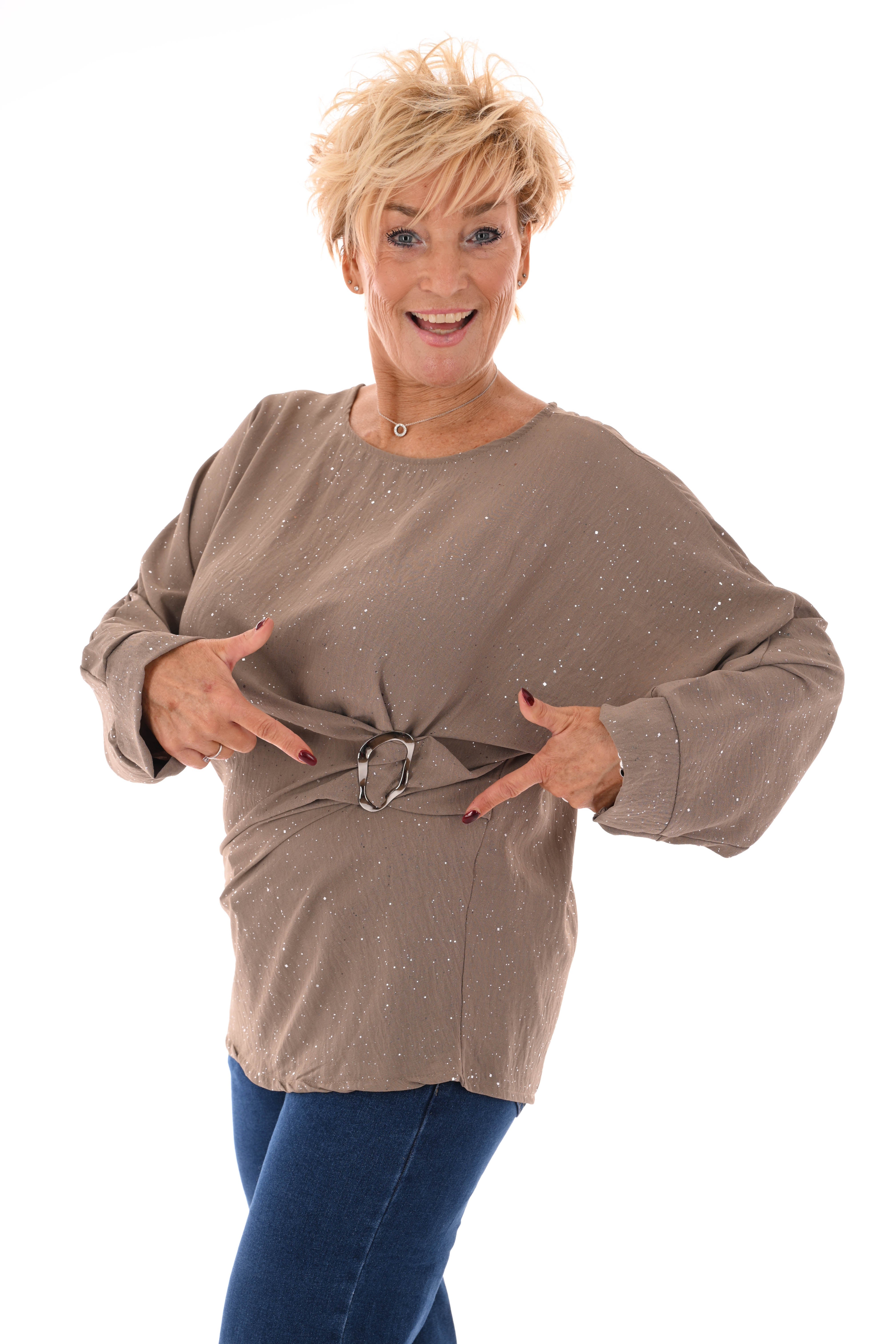 Glitter top met gesp beige