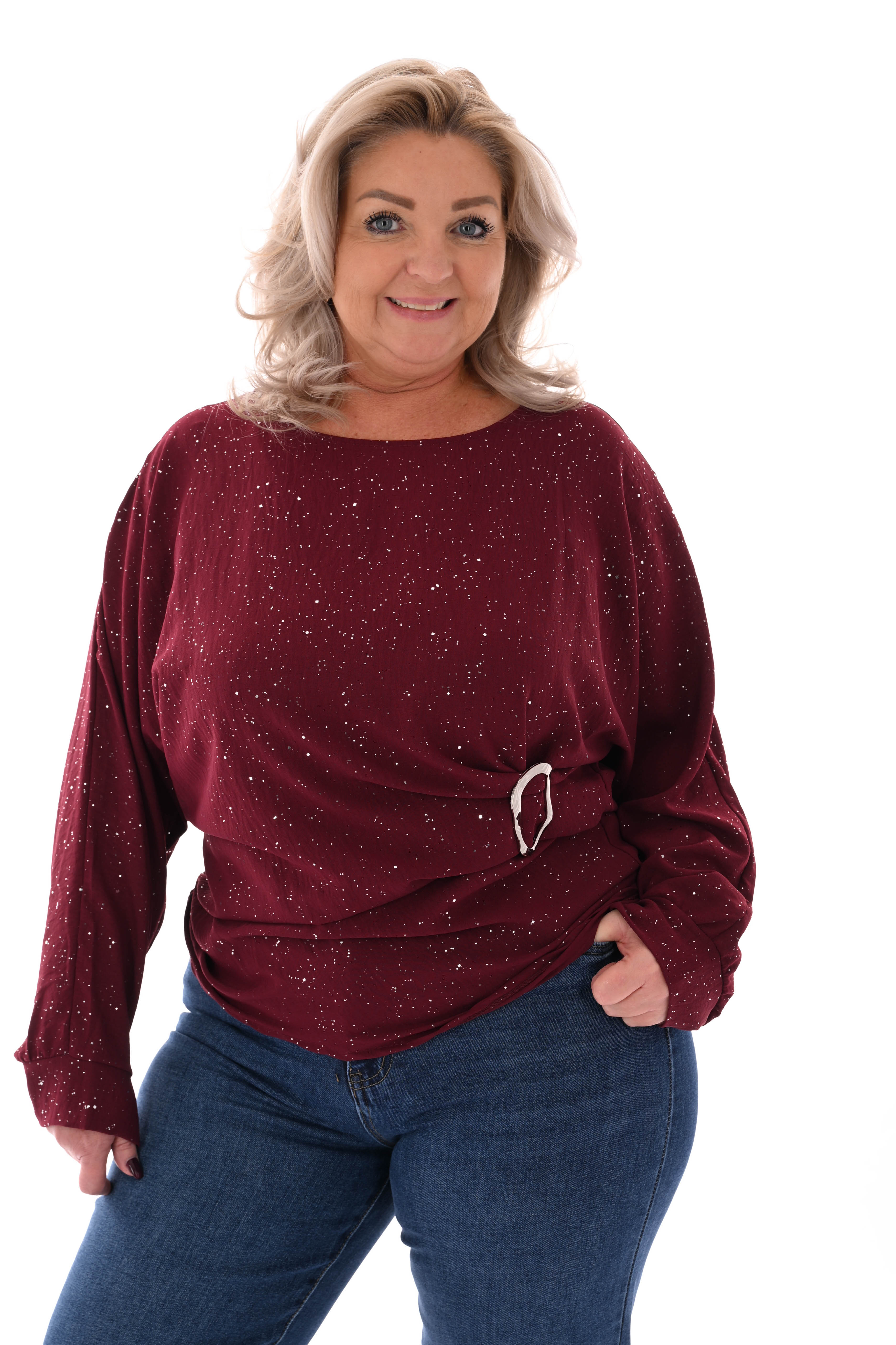 Glitter top met gesp bordeaux