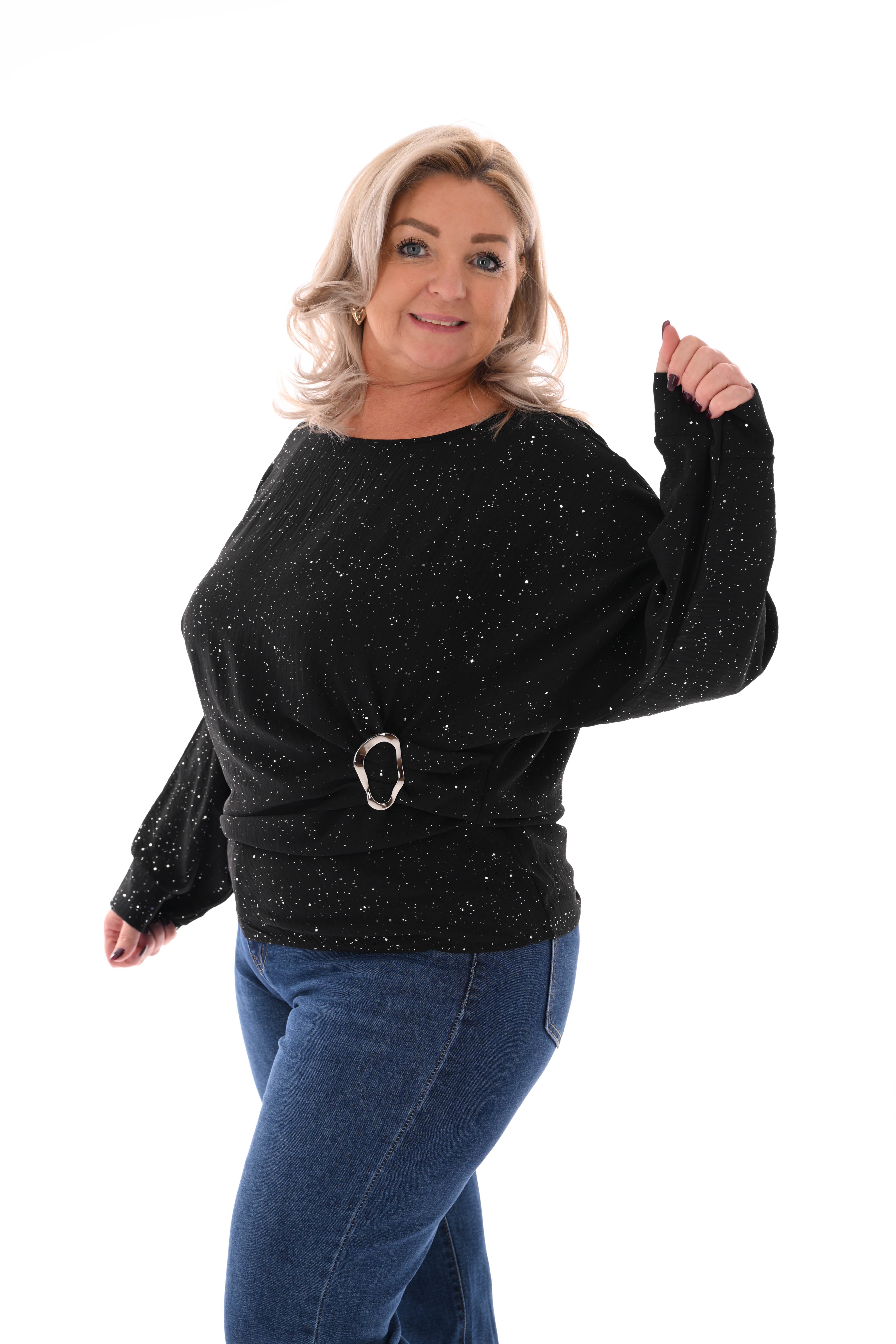 Glitter top met gesp zwart