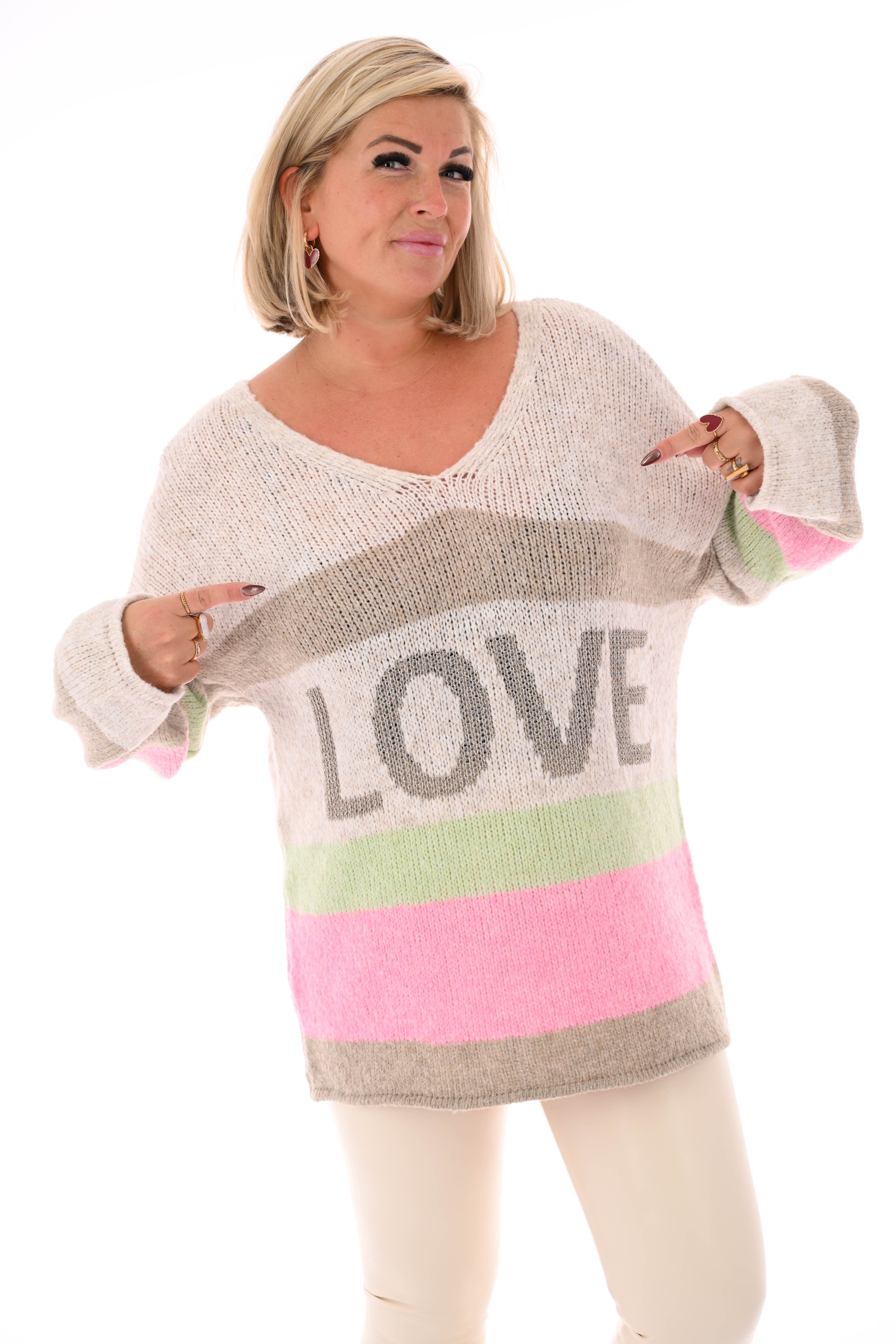 Gebreide trui love beige/lichtgroen