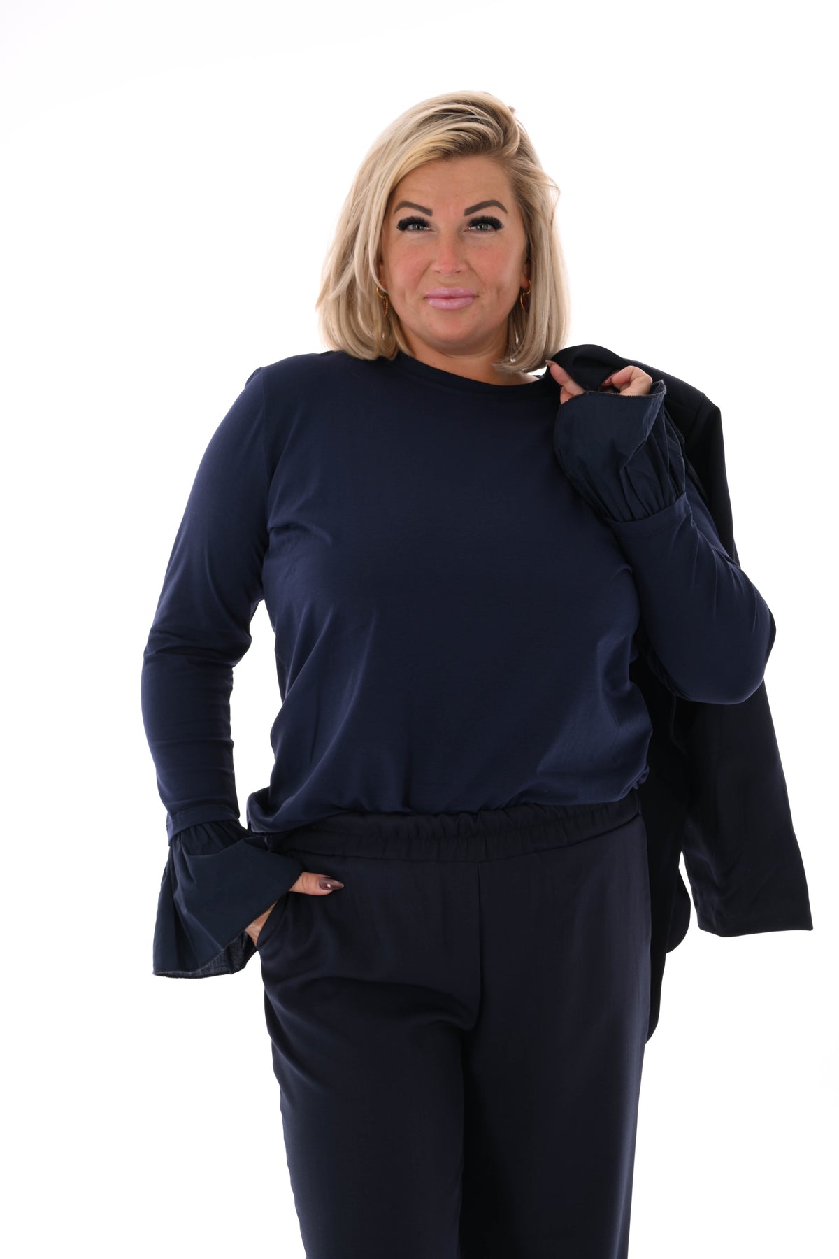 Basic shirt trompetmouwen uni marineblauw