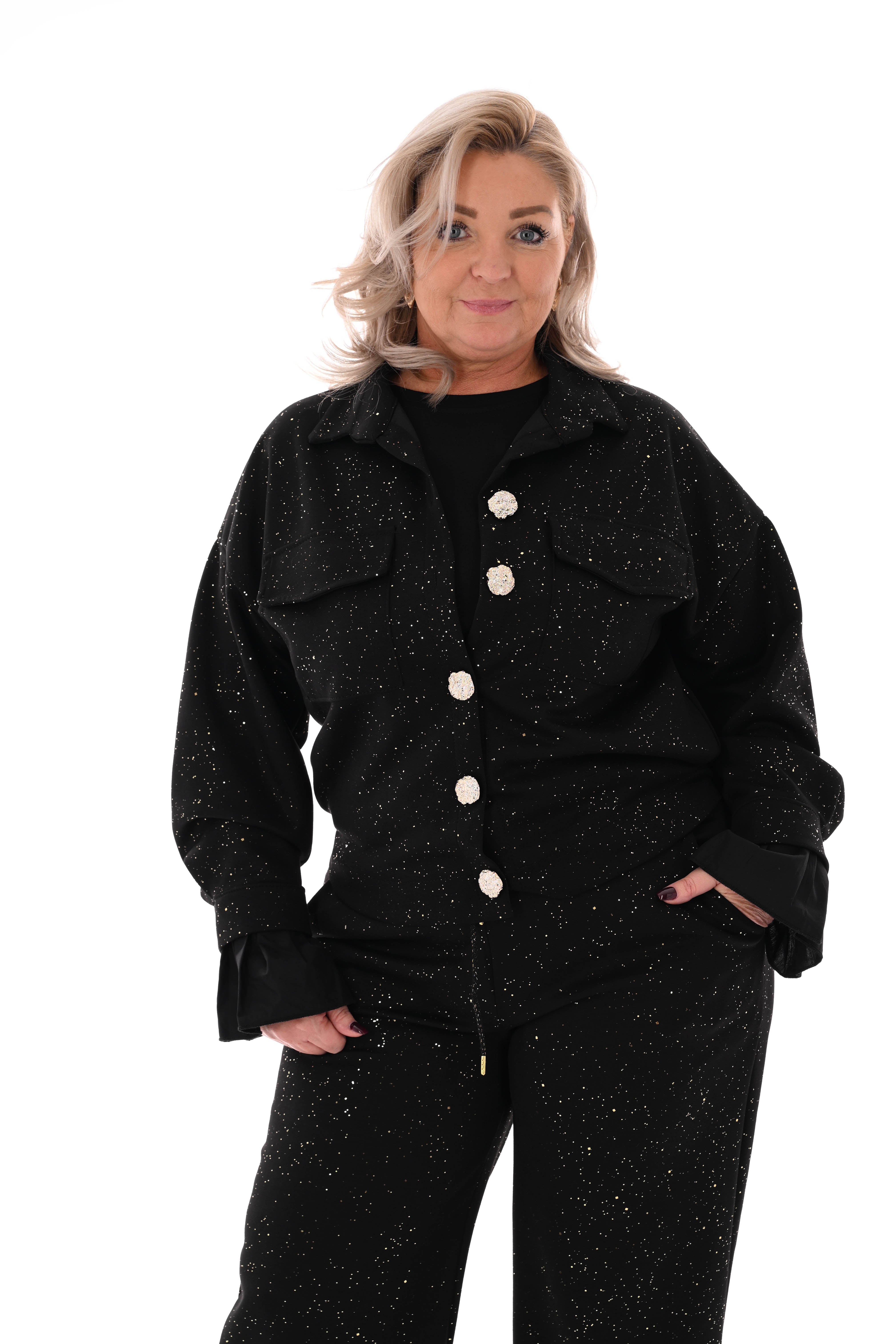 Tweedelig pak blouse met borstzakken en knopen glitters zwart