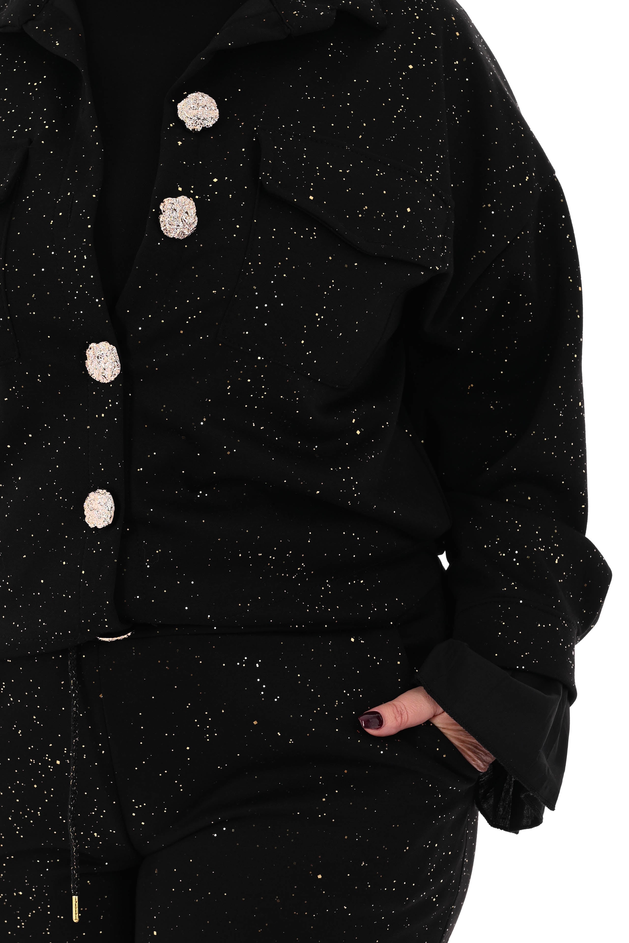 Tweedelig pak blouse met borstzakken en knopen glitters zwart