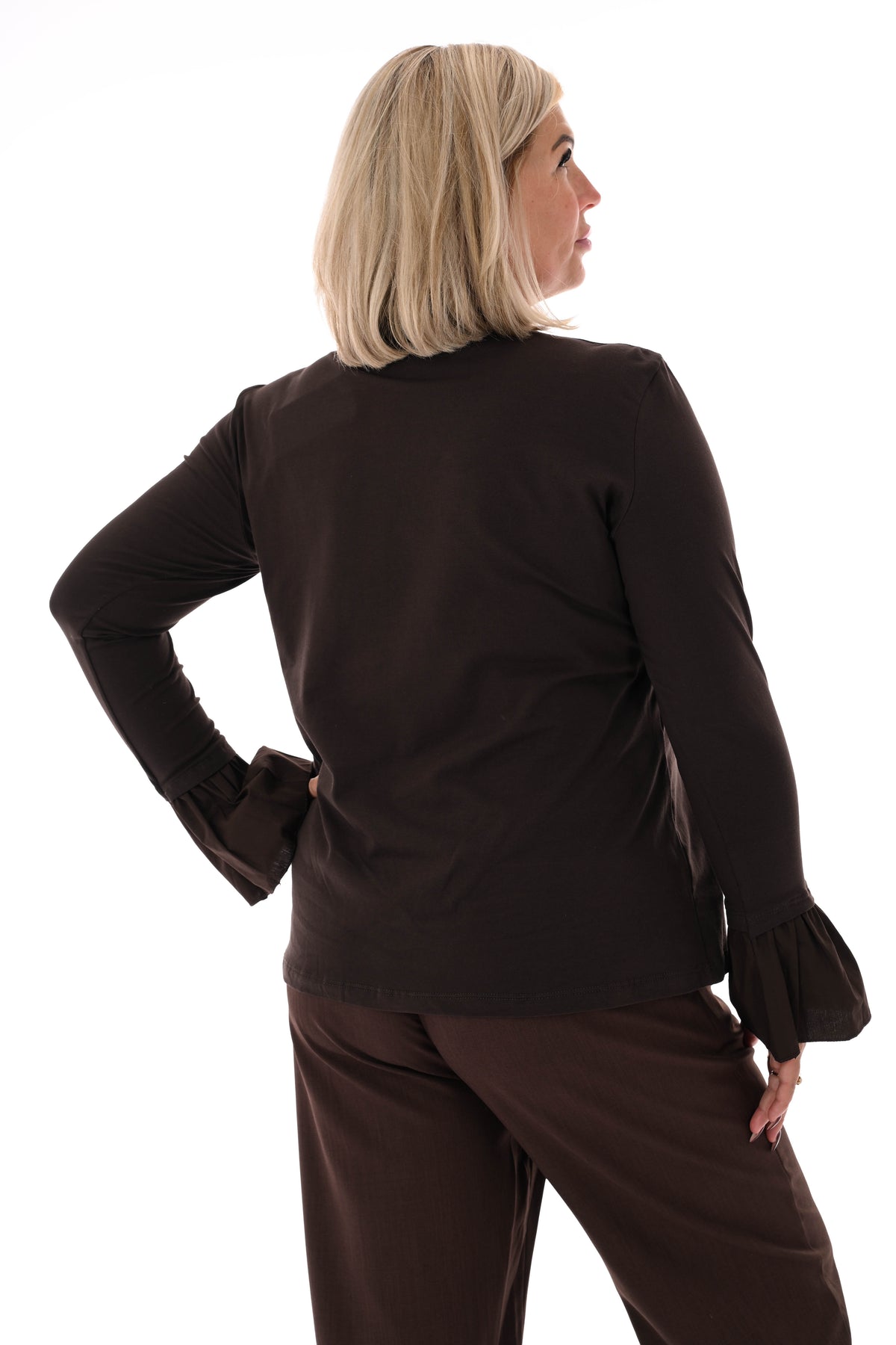 Basic shirt trompetmouwen uni donkerbruin