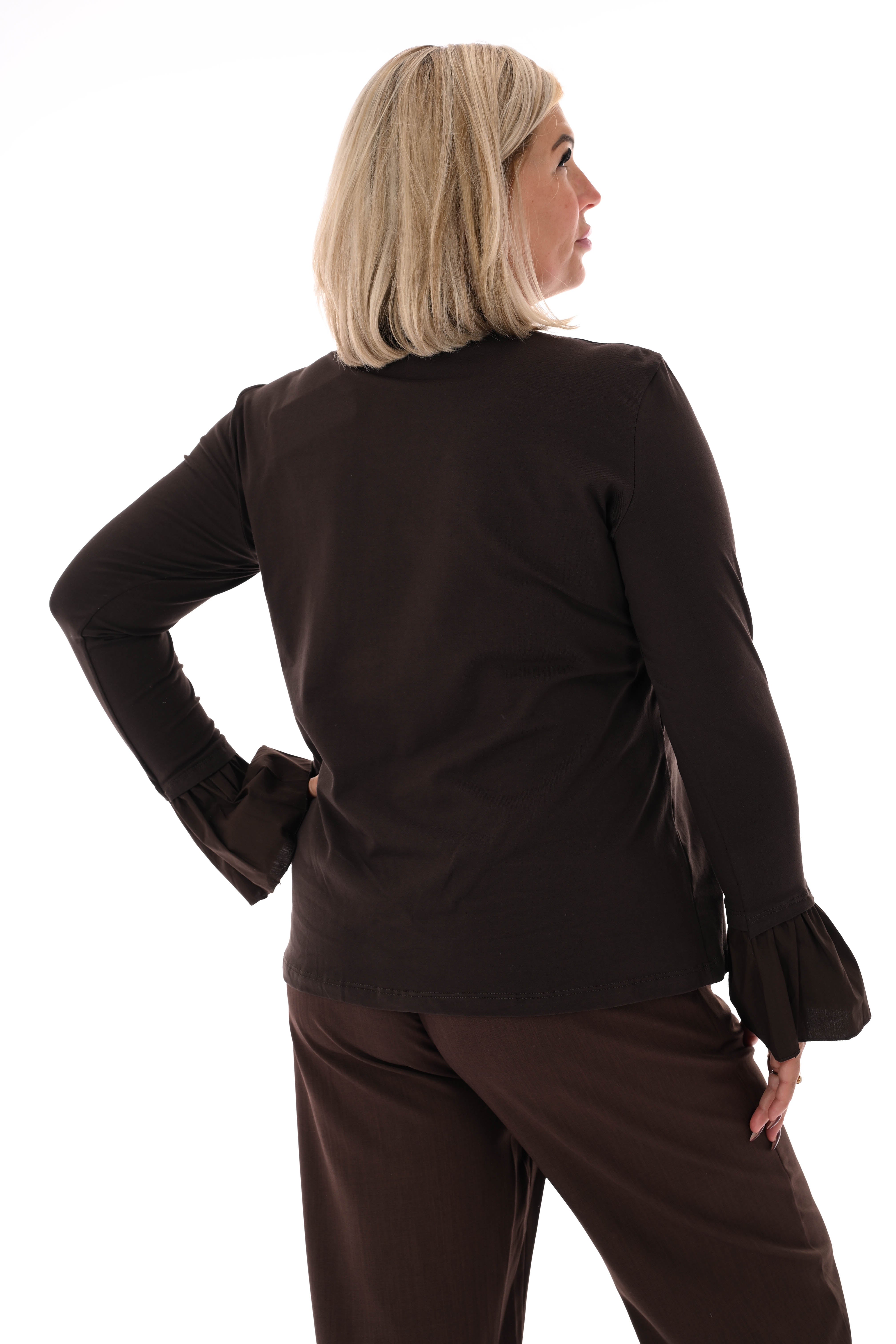 Basic shirt trompetmouwen uni donkerbruin