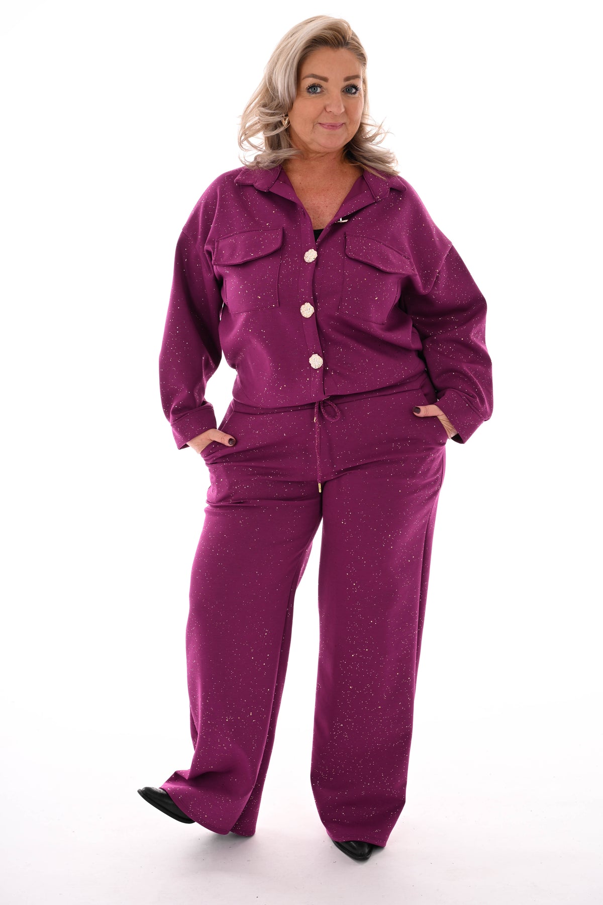 Tweedelig pak blouse met borstzakken en knopen glitters cyclaam
