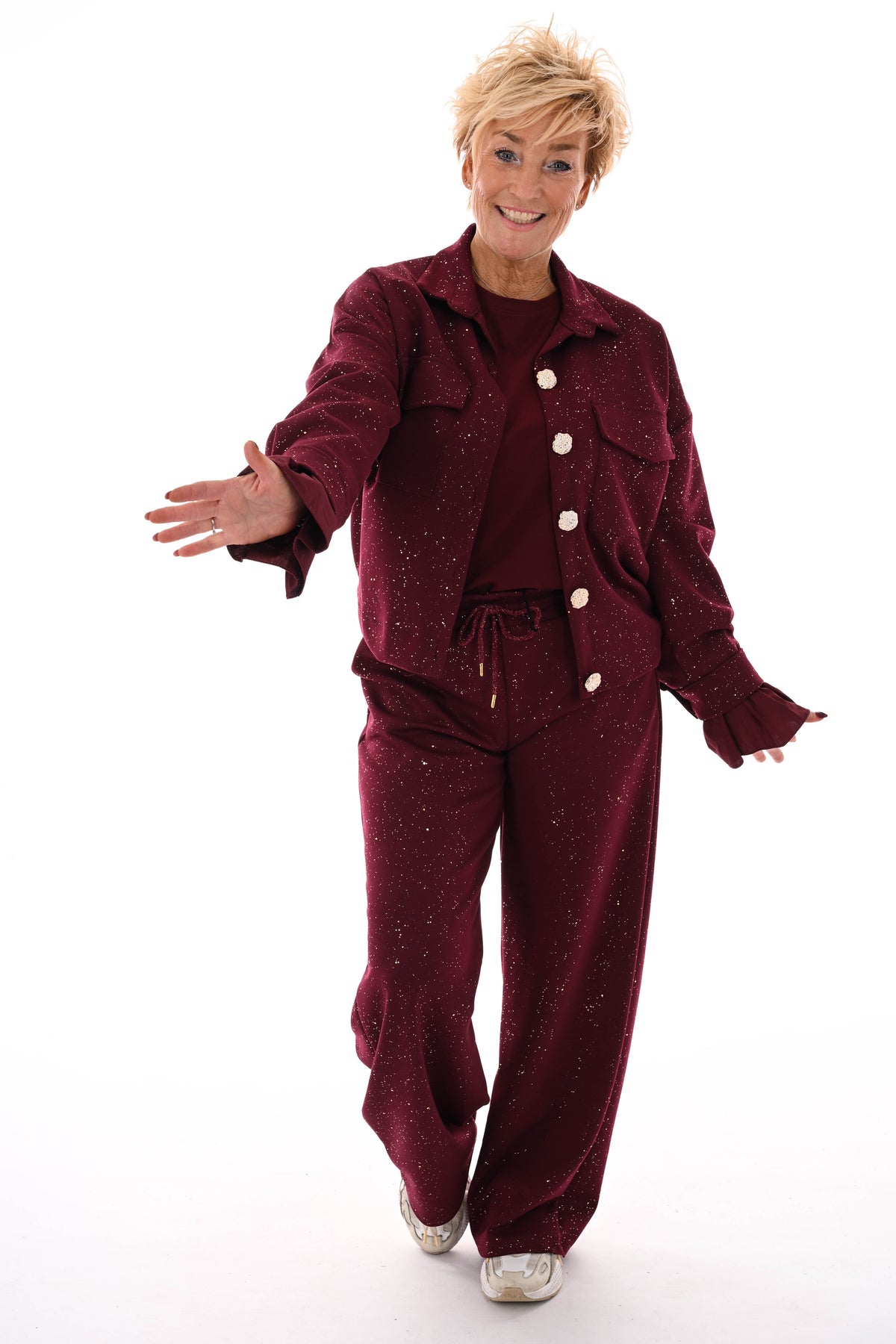 Tweedelig pak blouse met borstzakken en knopen glitters bordeaux