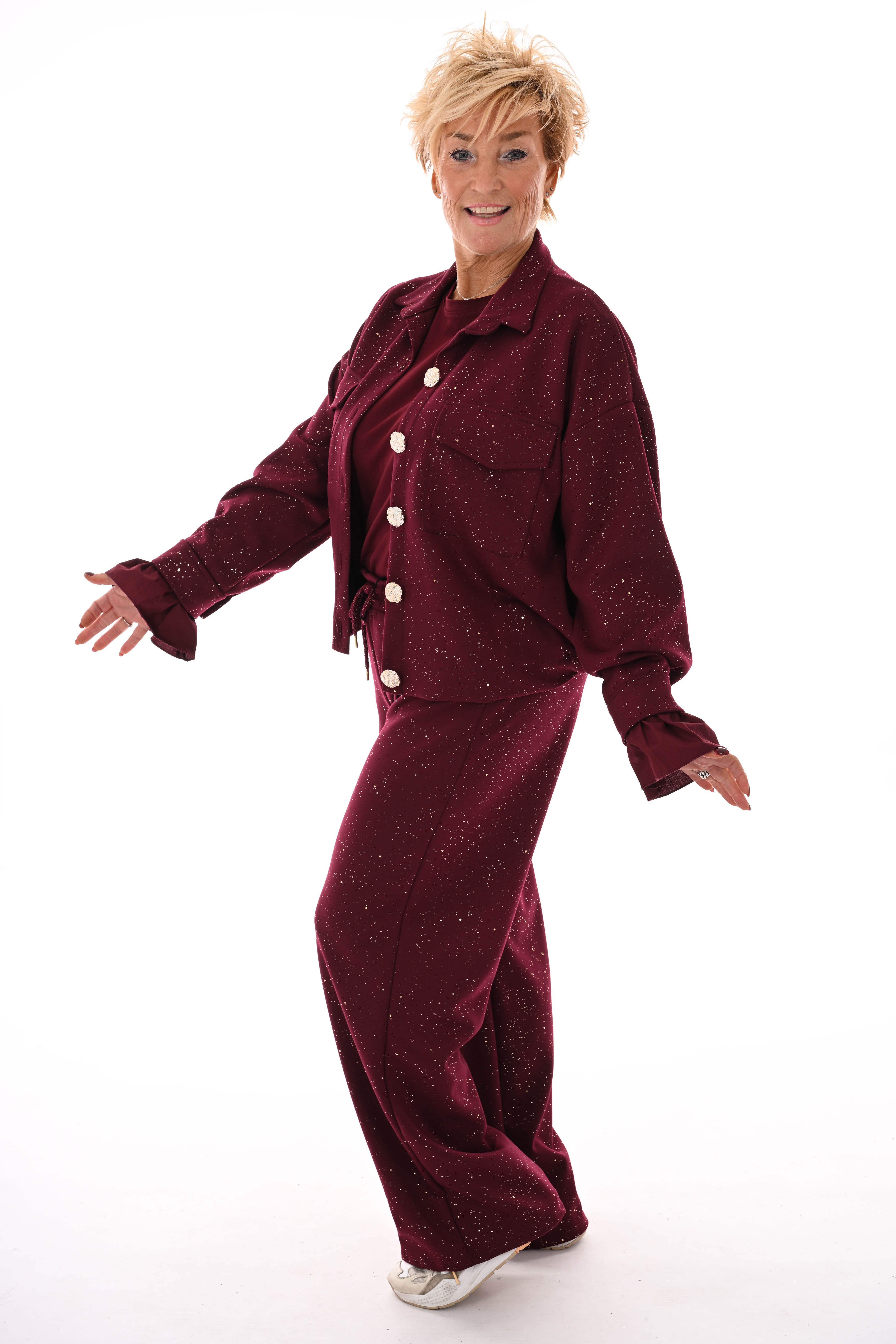 Tweedelig pak blouse met borstzakken en knopen glitters bordeaux