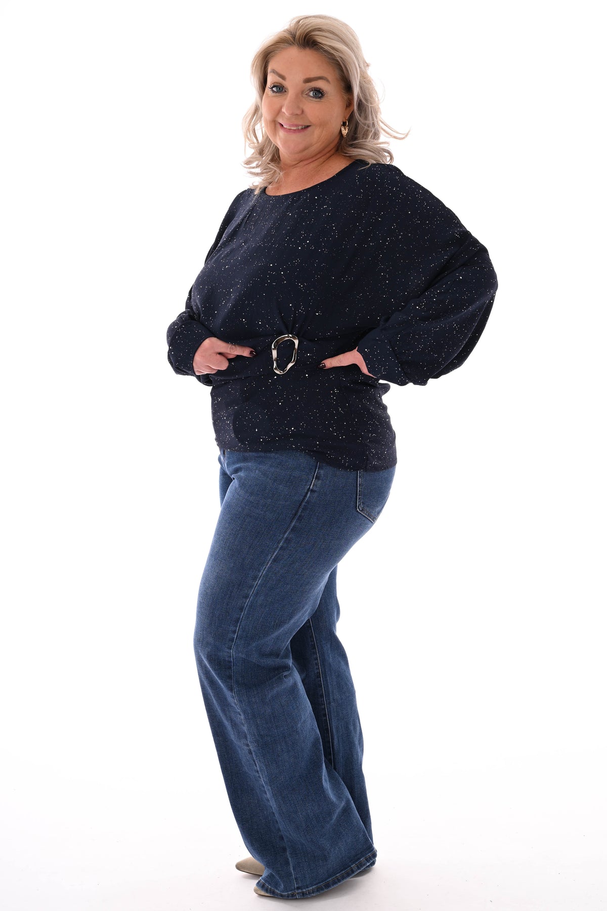 Glitter top met gesp marineblauw