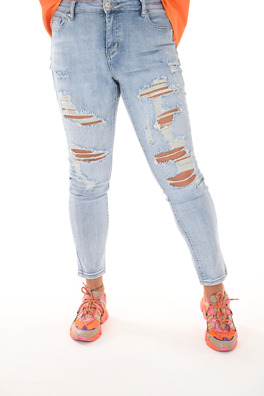 Monday jeans destroyed met strass wassing blauw
