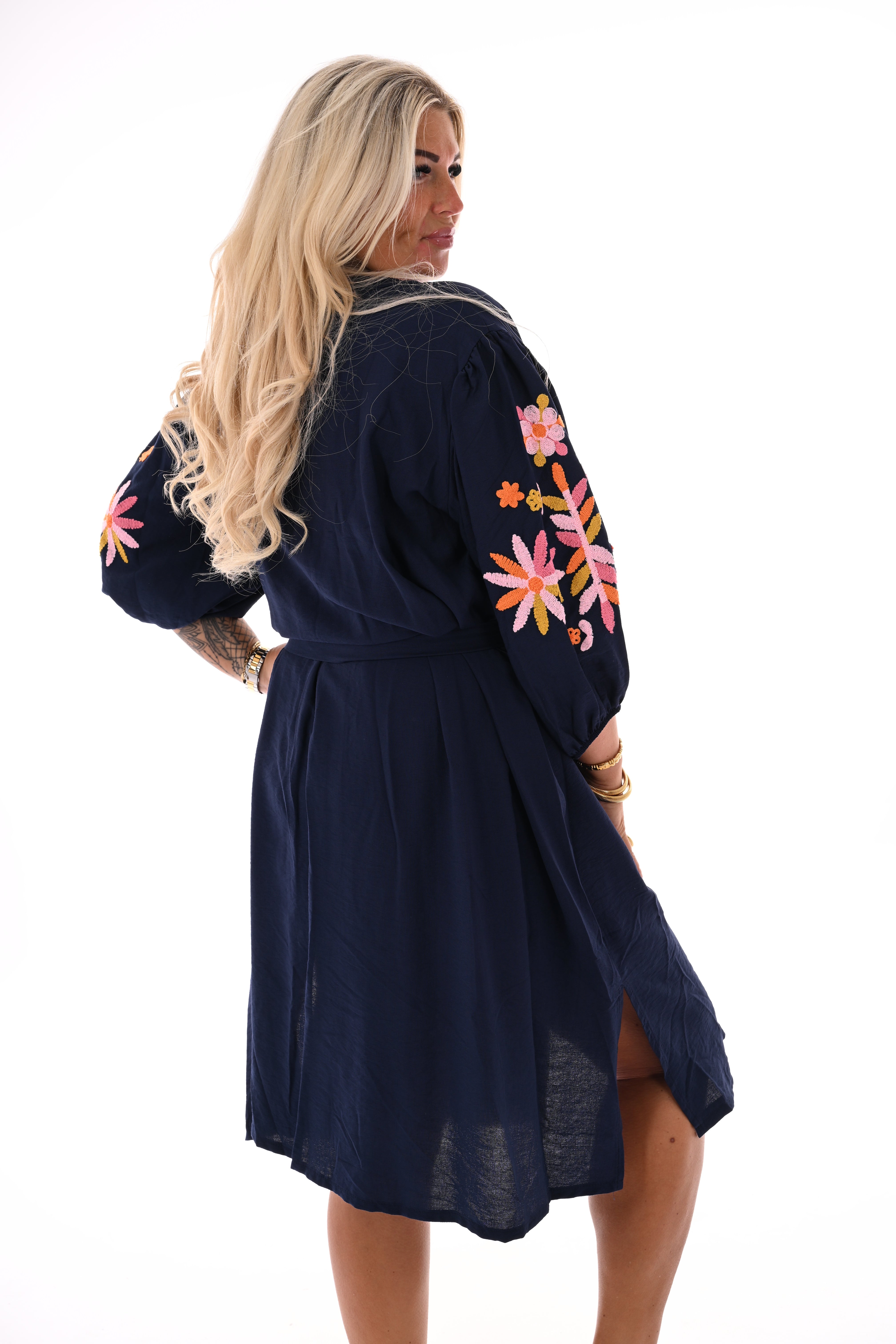 Jurk geborduurde bloemen marineblauw