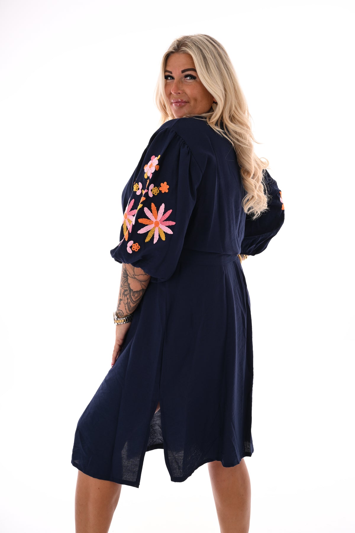 Jurk geborduurde bloemen marineblauw