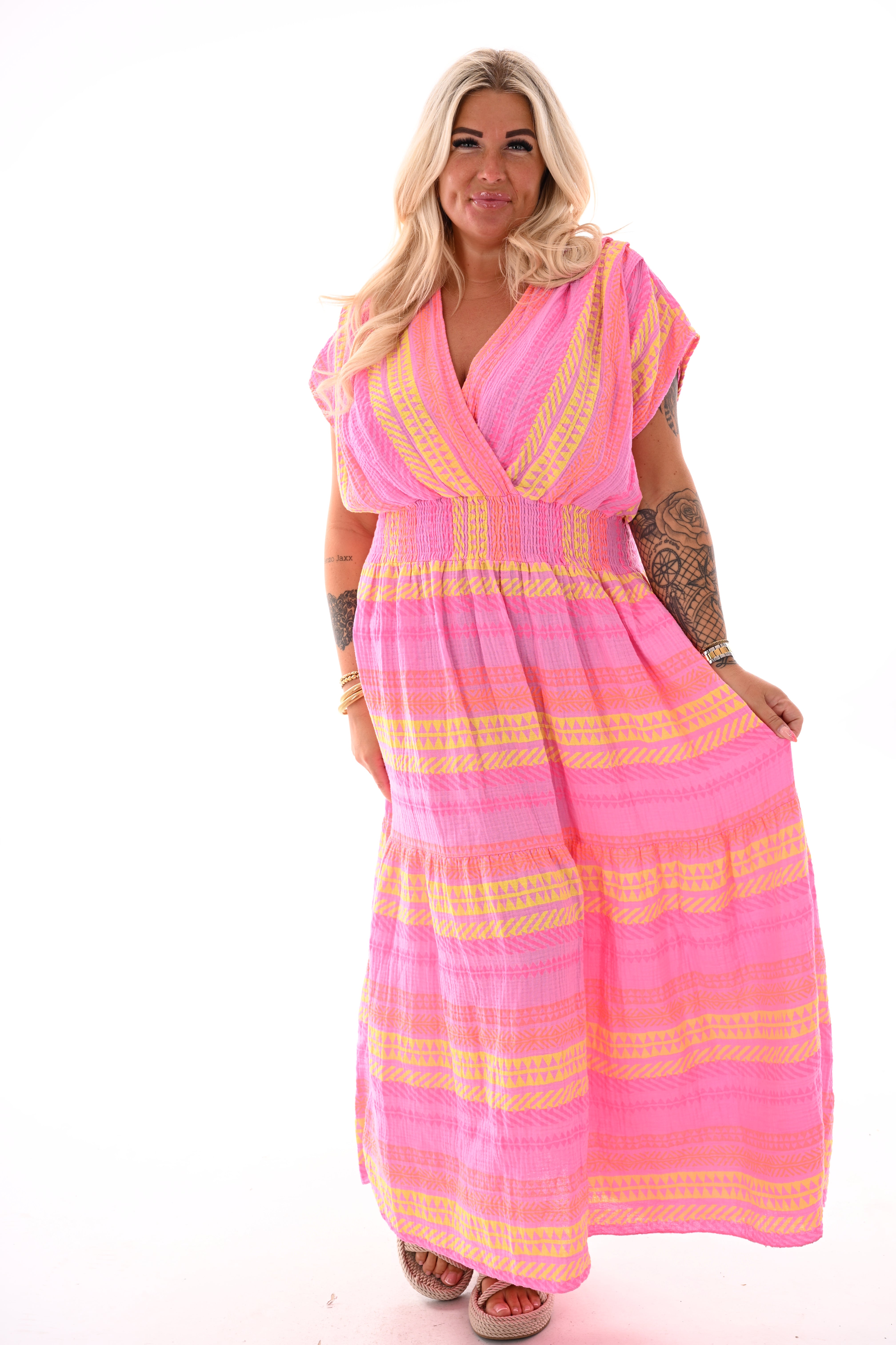 Lange wafel jurk aztec tekens roze