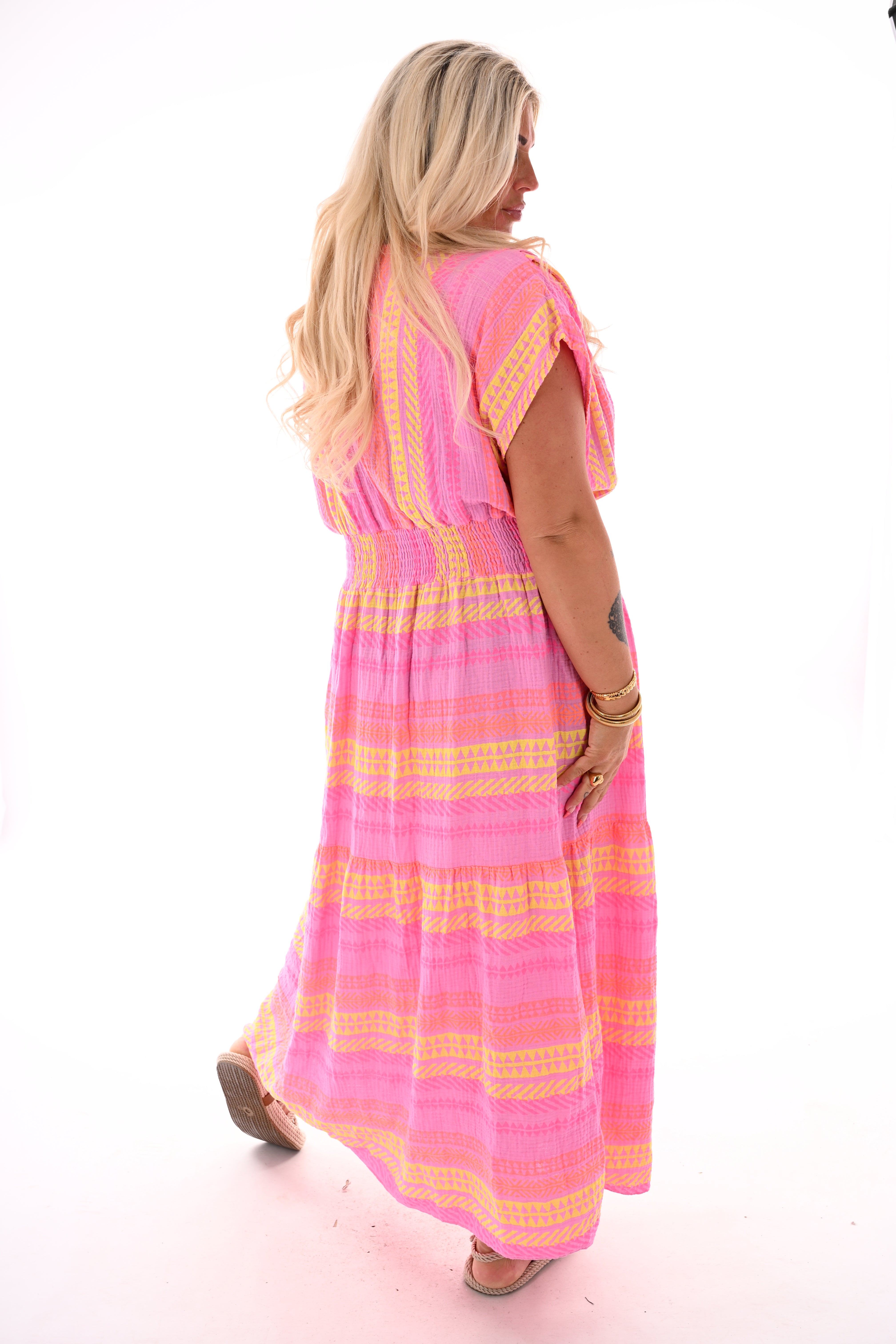 Lange wafel jurk aztec tekens roze