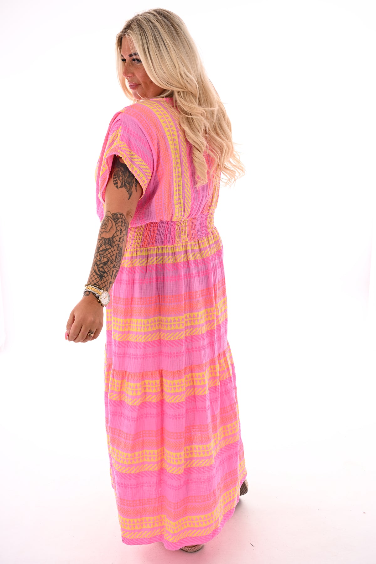 Lange wafel jurk aztec tekens roze