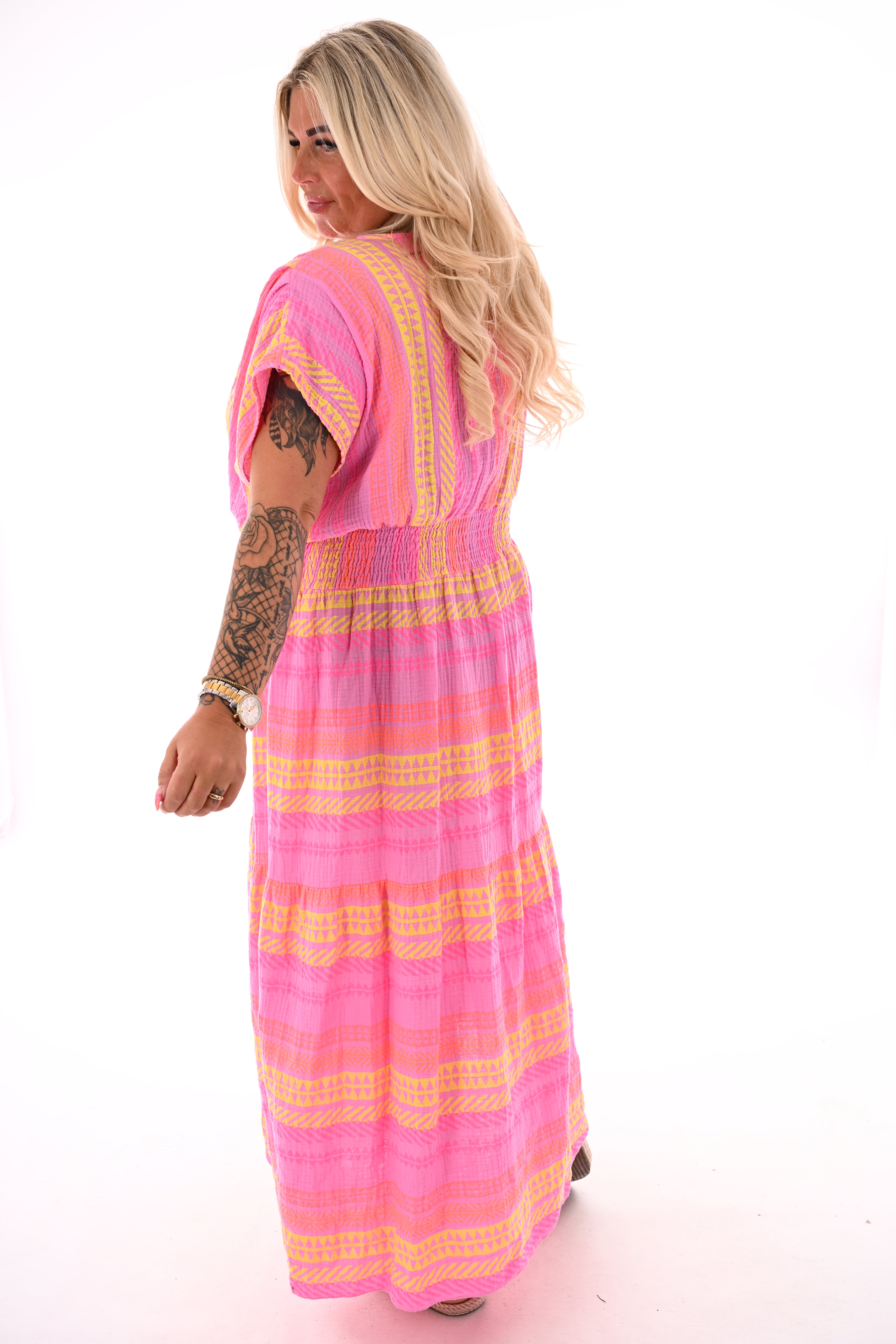 Lange wafel jurk aztec tekens roze
