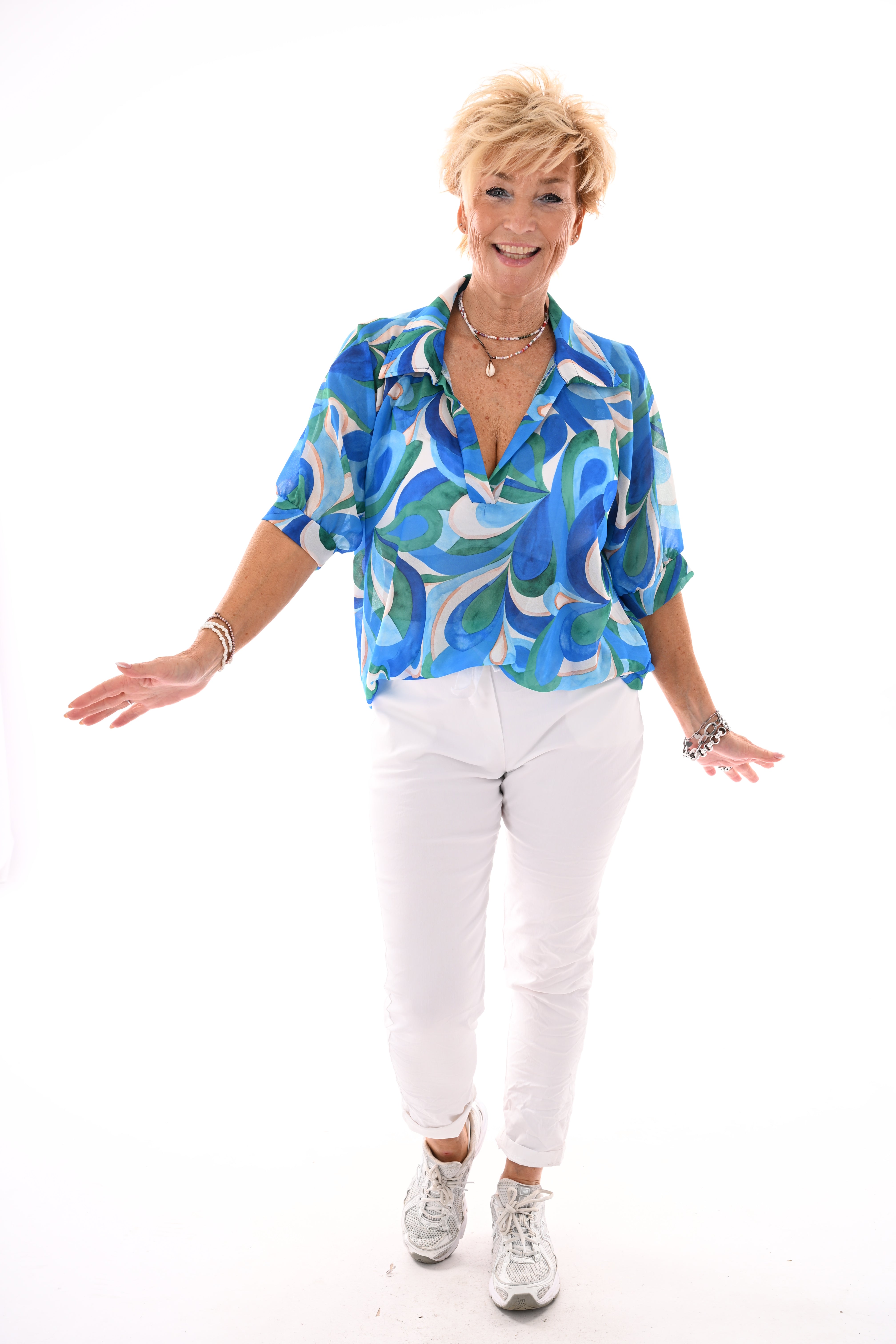 Blouse v-hals korte pofmouwen print blad kobaltblauw