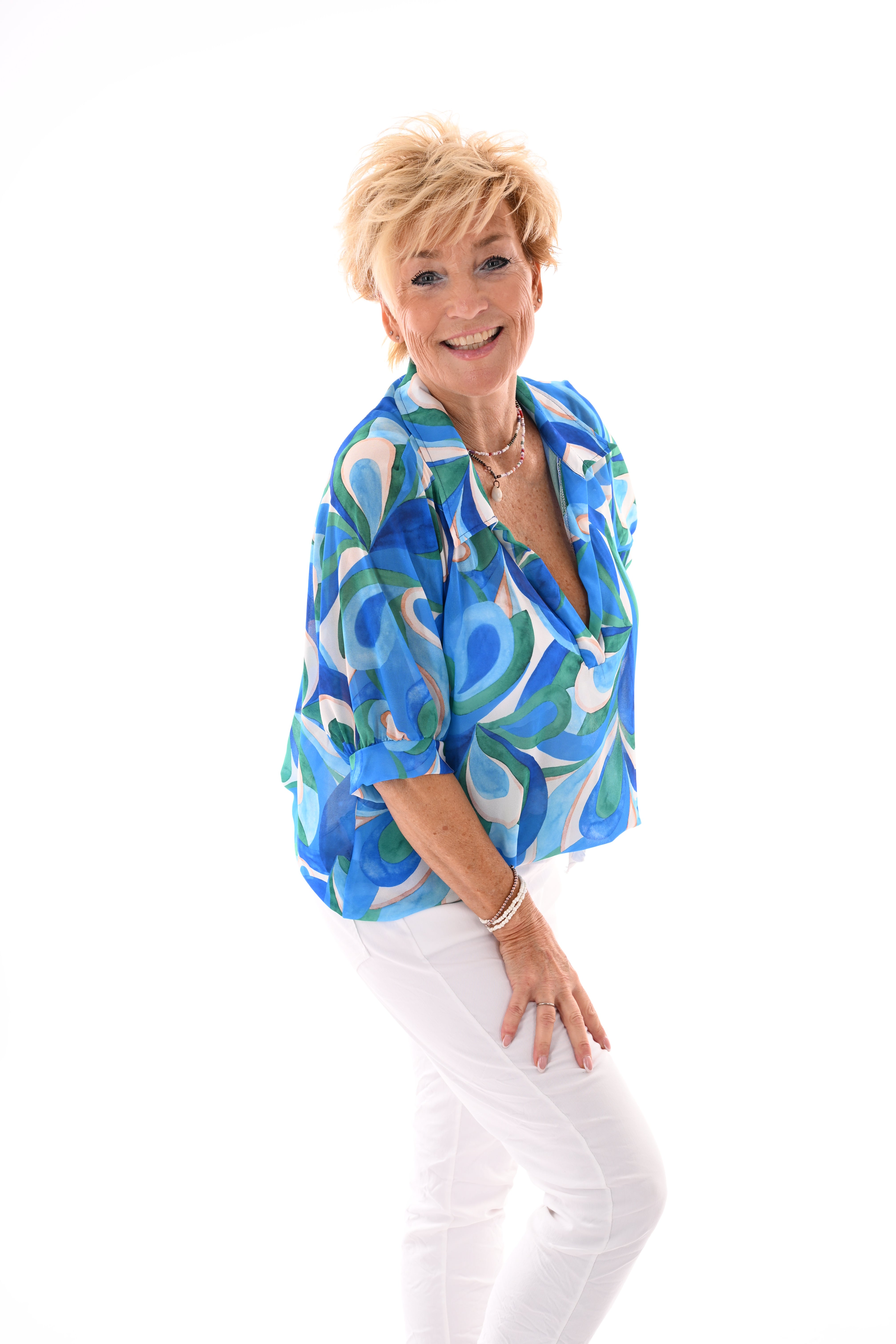 Blouse v-hals korte pofmouwen print blad kobaltblauw