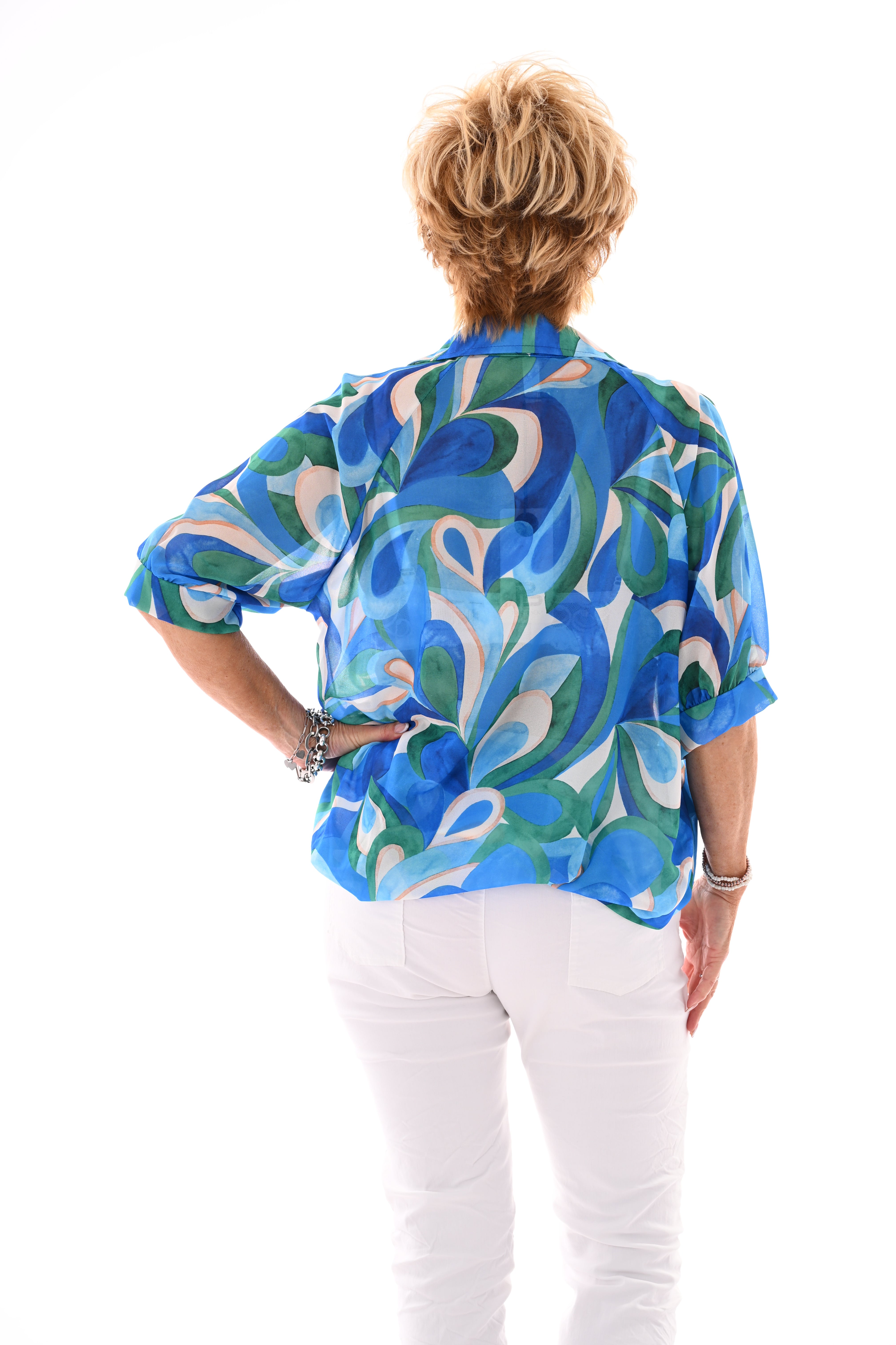 Blouse v-hals korte pofmouwen print blad kobaltblauw