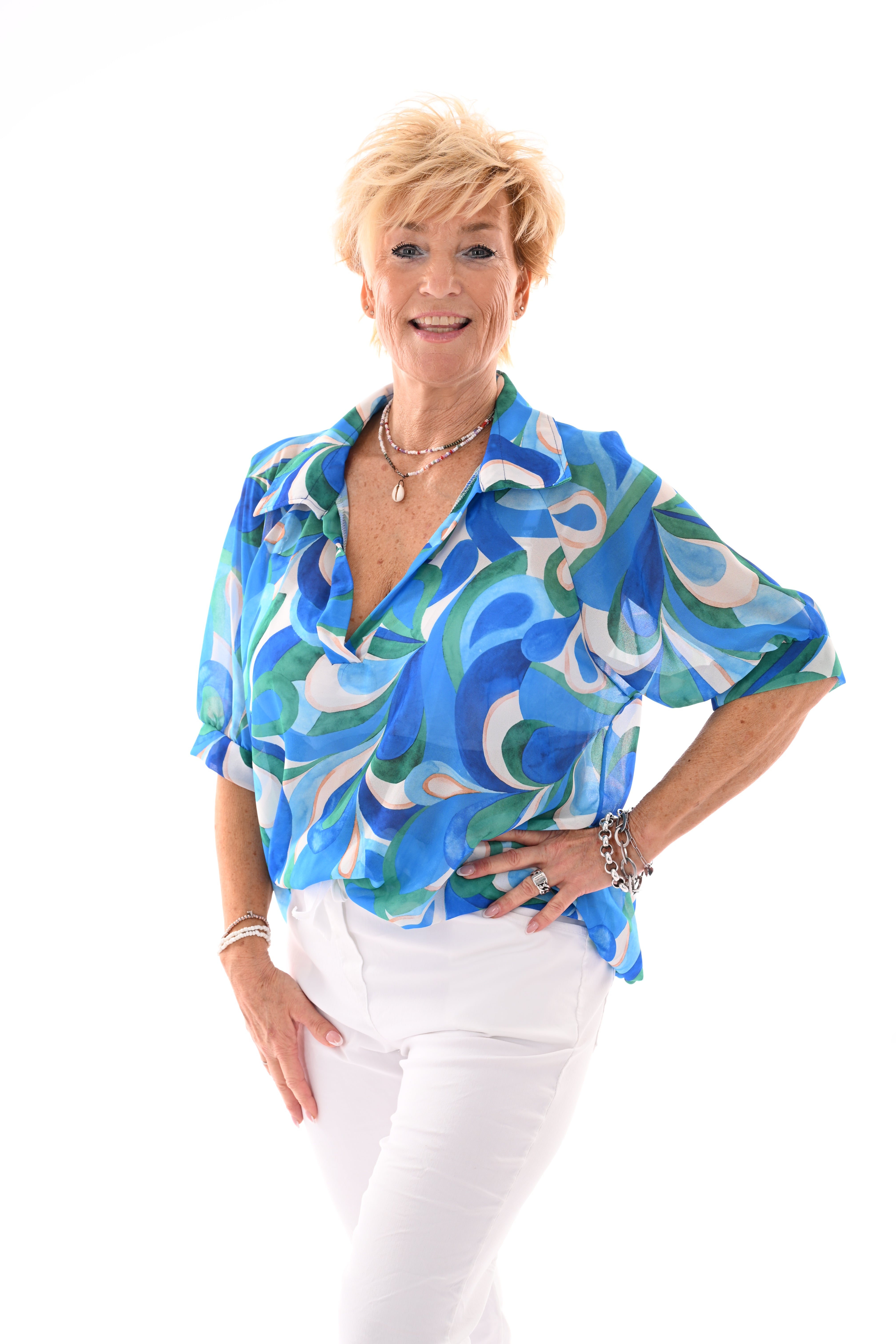Blouse v-hals korte pofmouwen print blad kobaltblauw