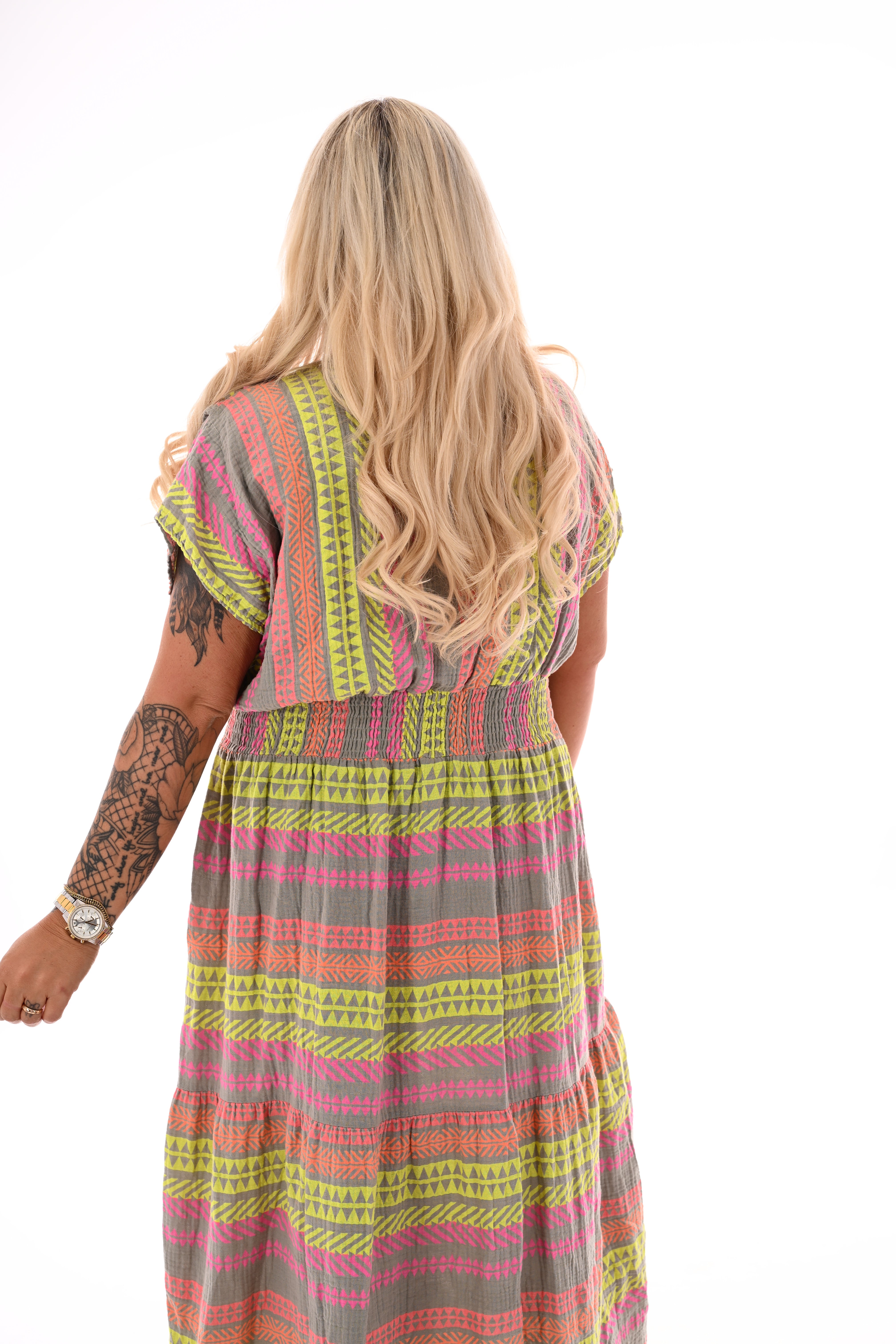 Lange wafel jurk aztec tekens taupe