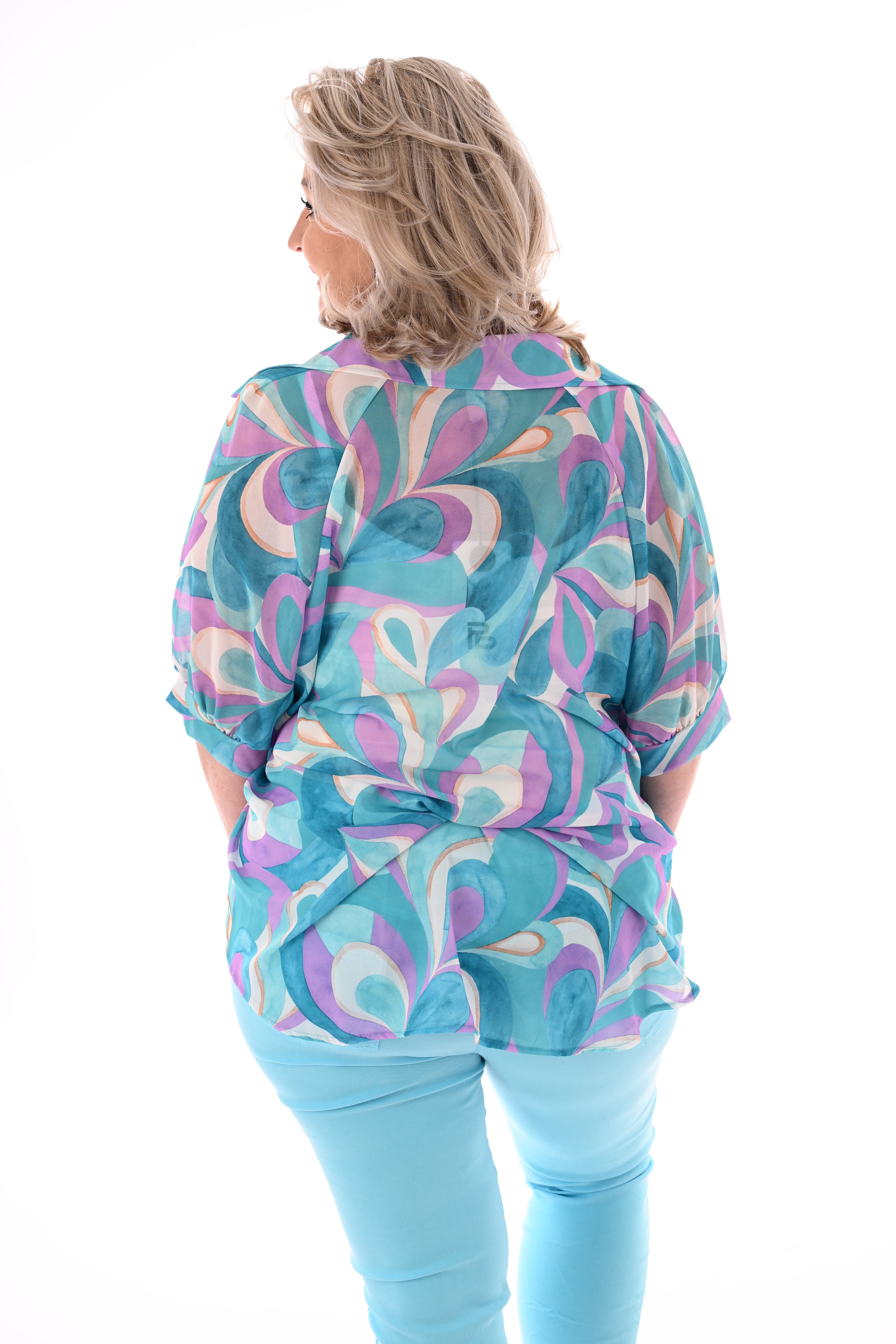 Blouse v-hals korte pofmouwen print blad turquoise