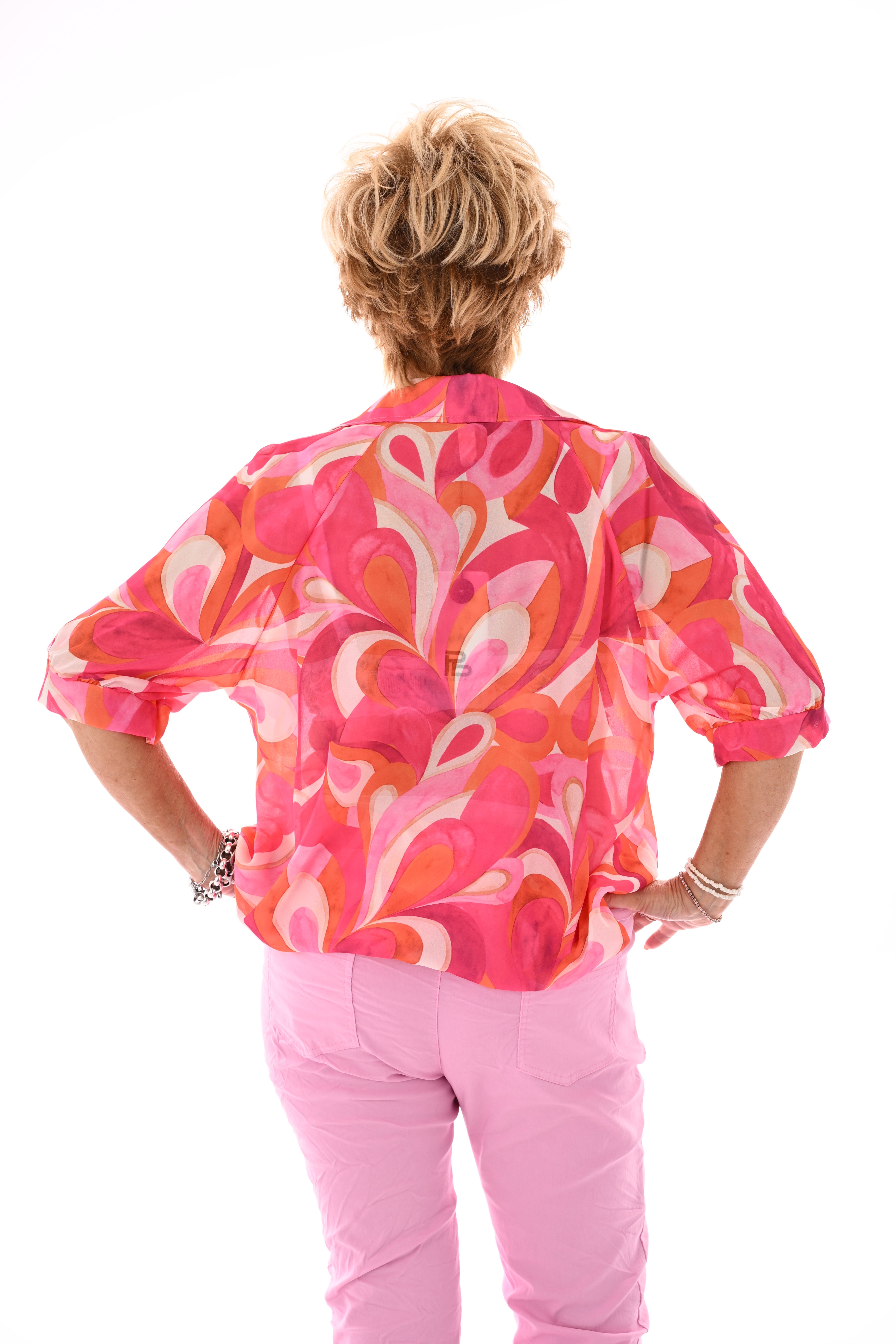 Blouse v-hals korte pofmouwen print blad fuchsia