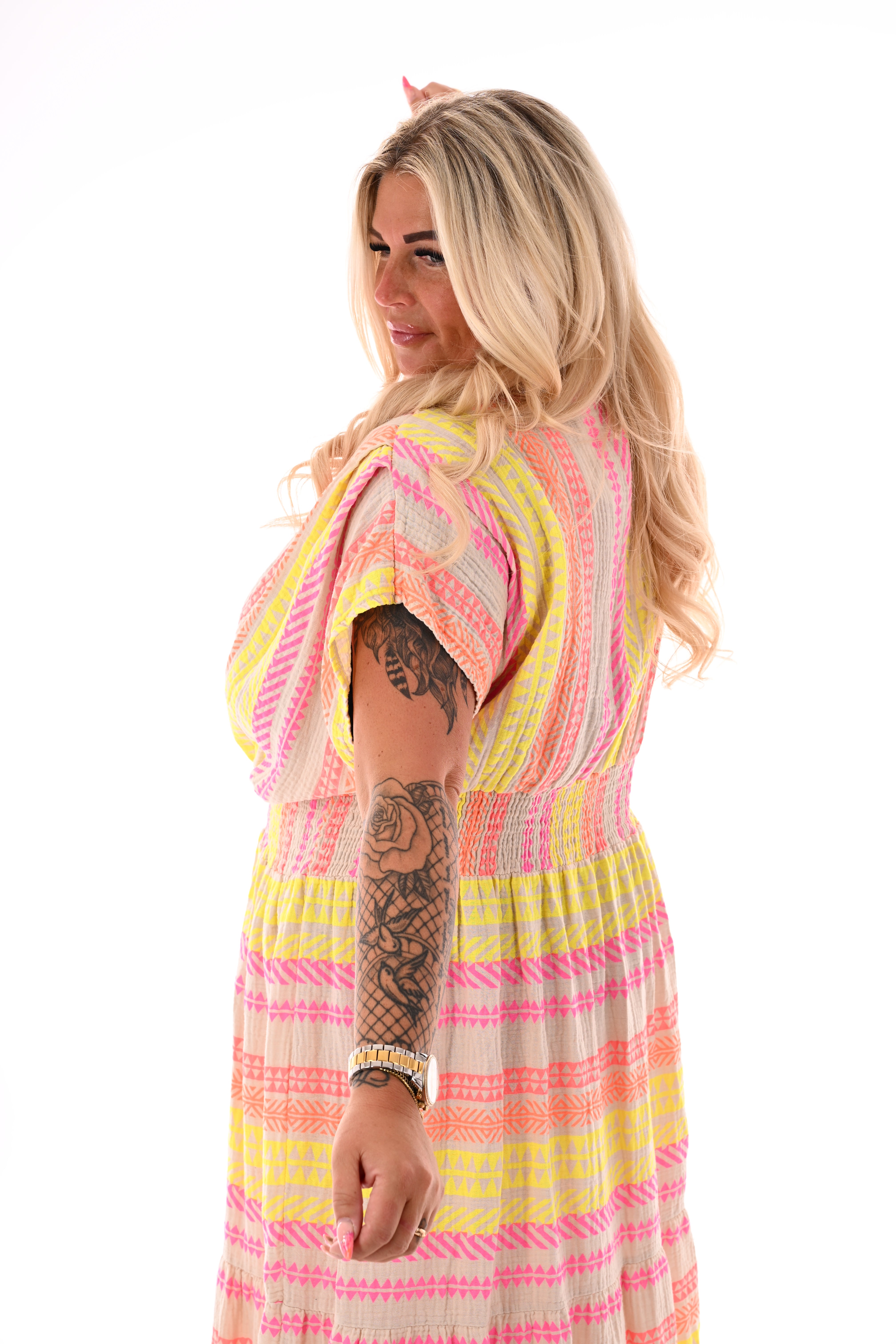Lange wafel jurk aztec tekens beige