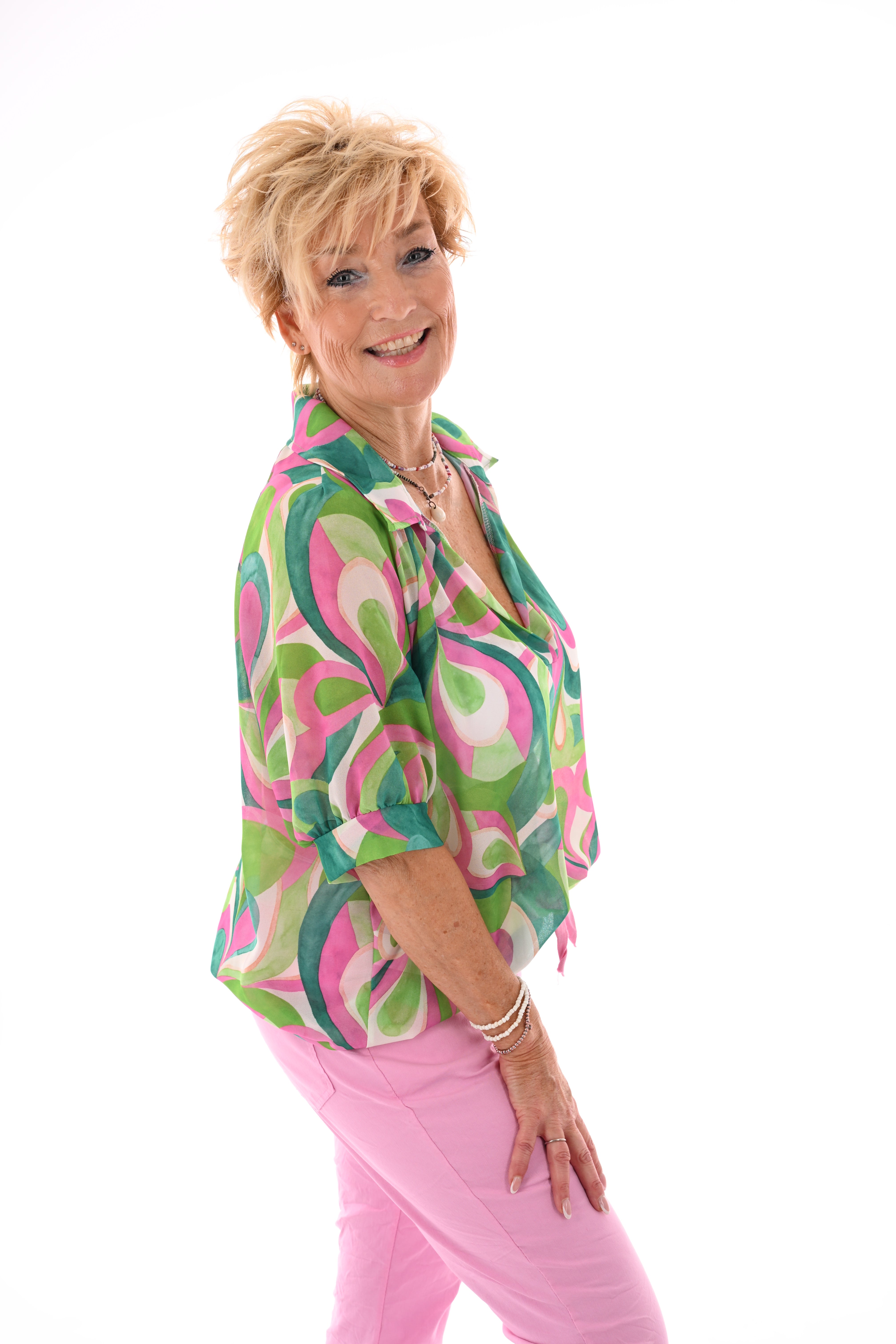Blouse v-hals korte pofmouwen print blad groen