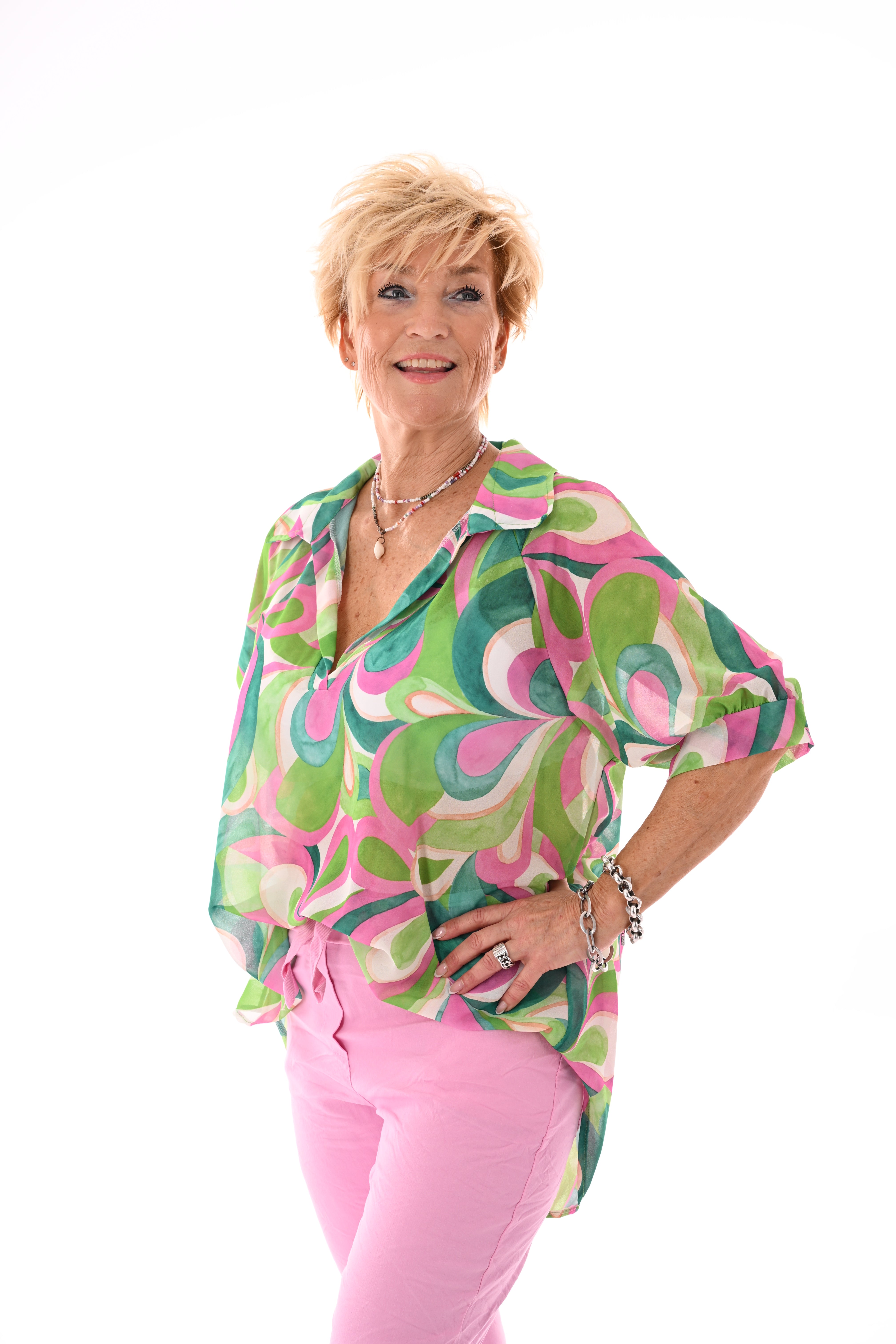 Blouse v-hals korte pofmouwen print blad groen