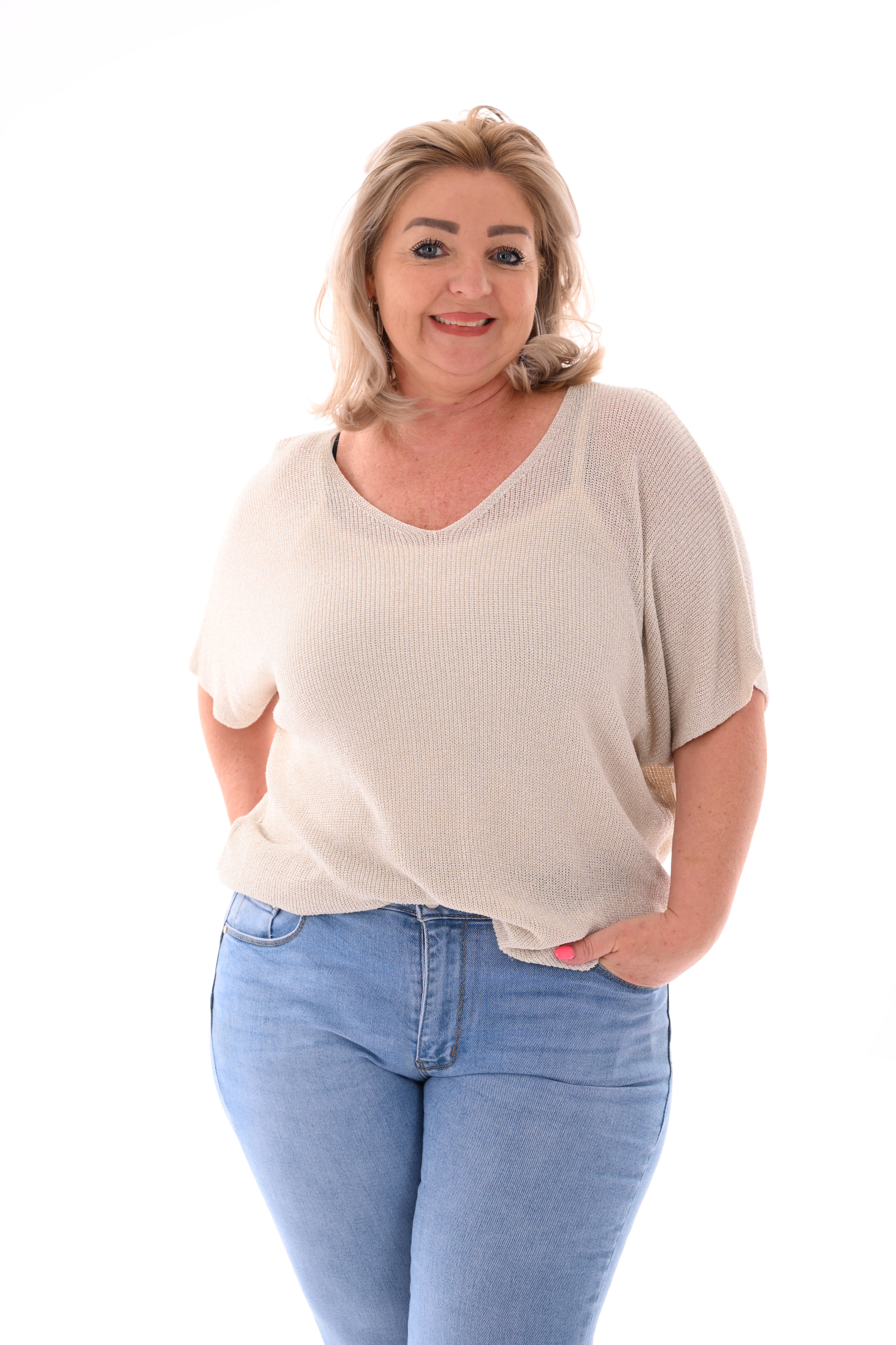 Shirt v-hals lurex beige