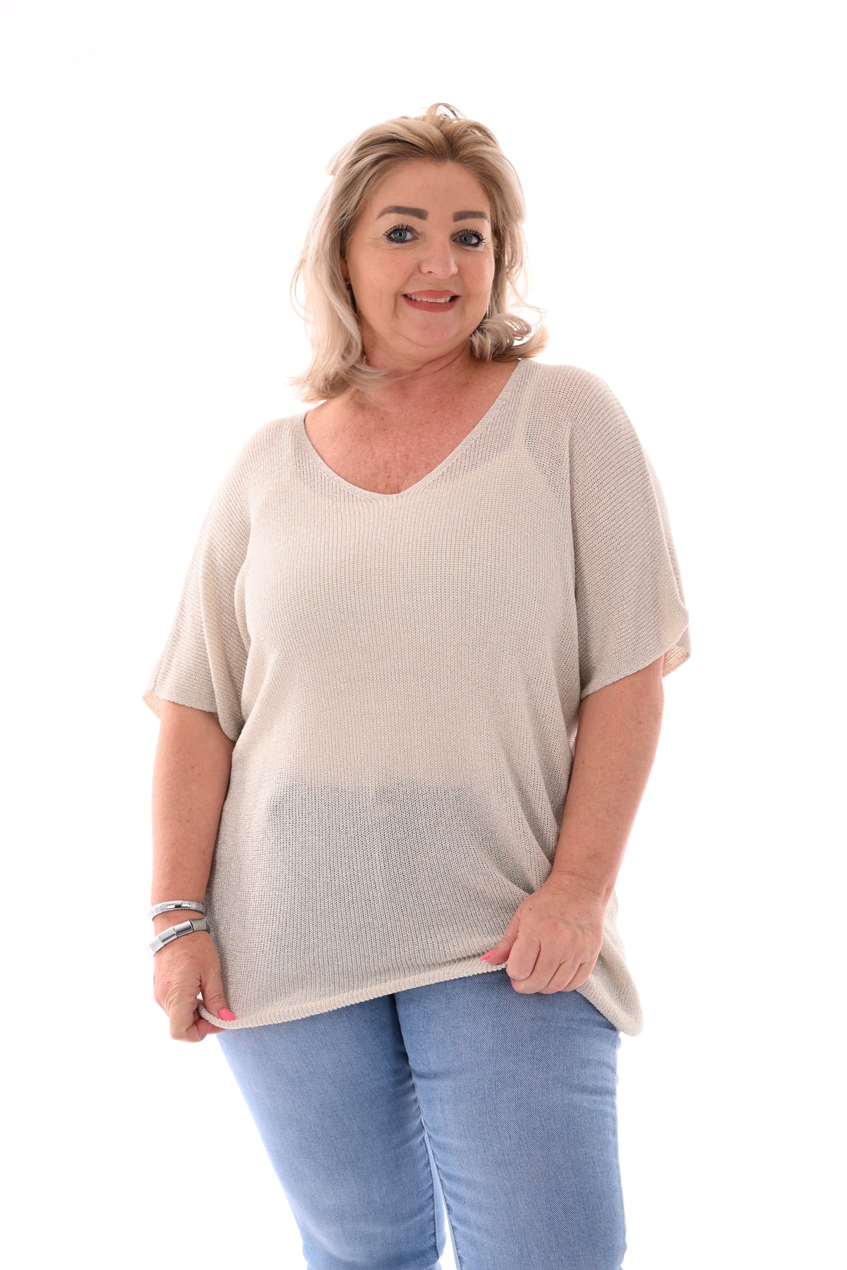 Shirt v-hals lurex beige