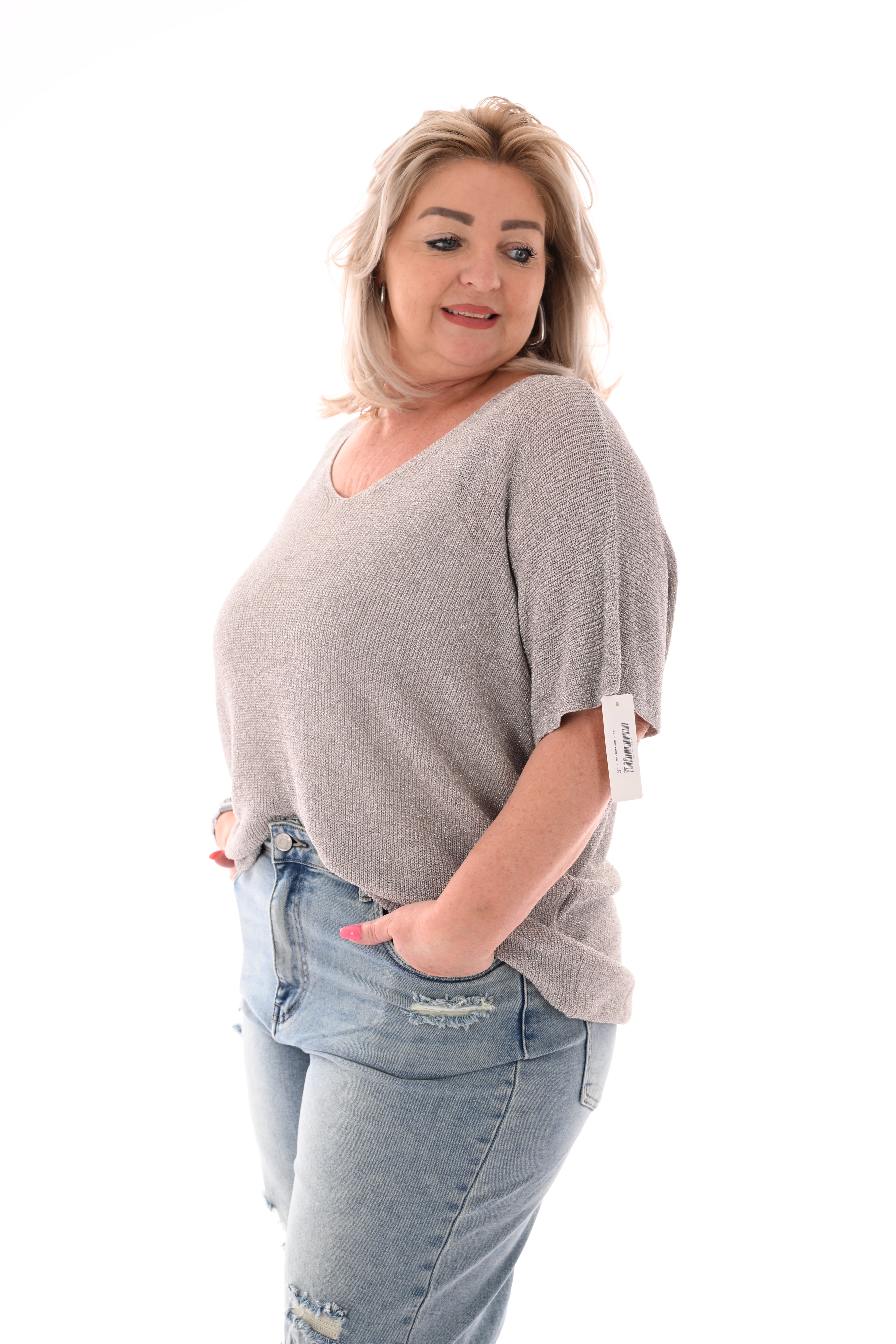Shirt v-hals lurex grijs